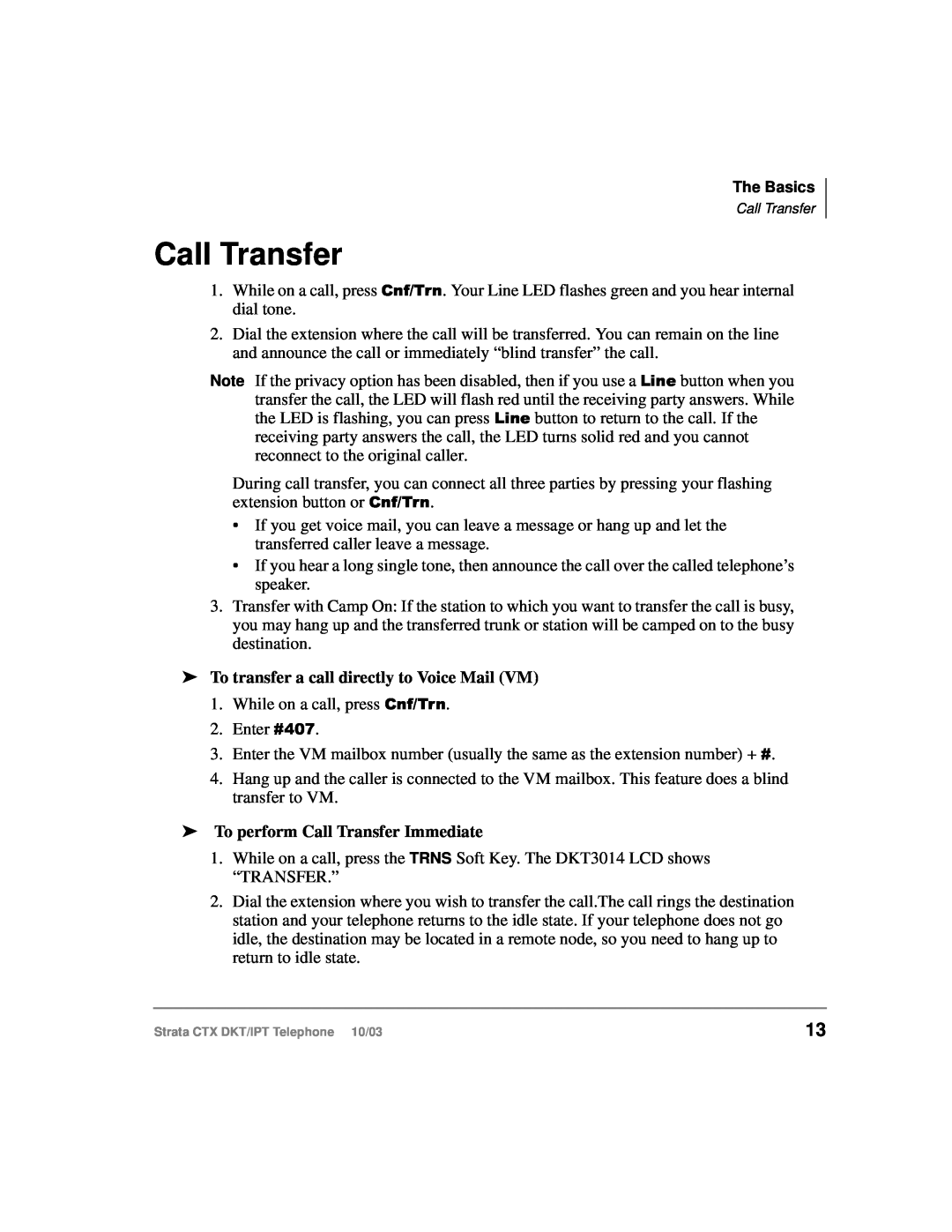 Toshiba DKT, IPT manual To transfer a call directly to Voice Mail VM, To perform Call Transfer Immediate 