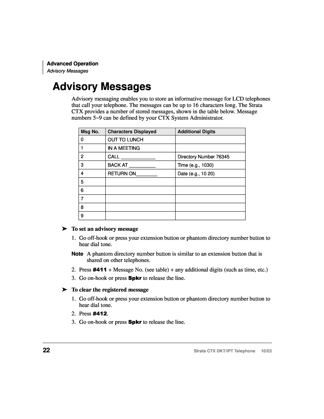 Toshiba IPT, DKT manual Advisory Messages, To set an advisory message, To clear the registered message 