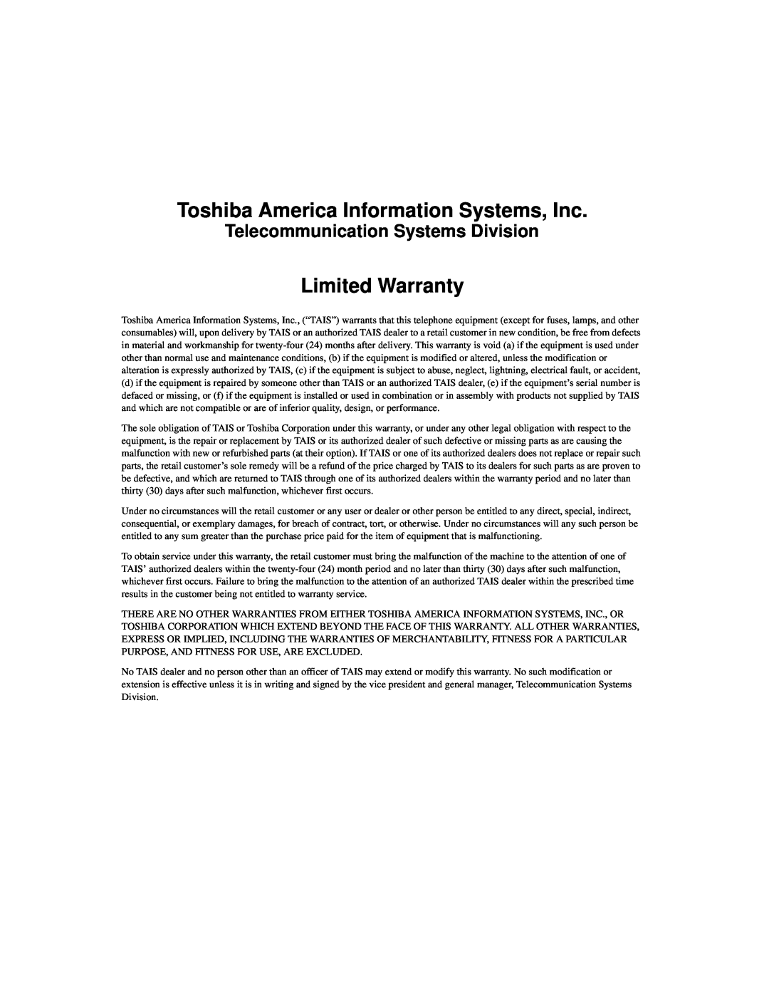 Toshiba IPT, DKT manual Telecommunication Systems Division, Toshiba America Information Systems, Inc, Limited Warranty 