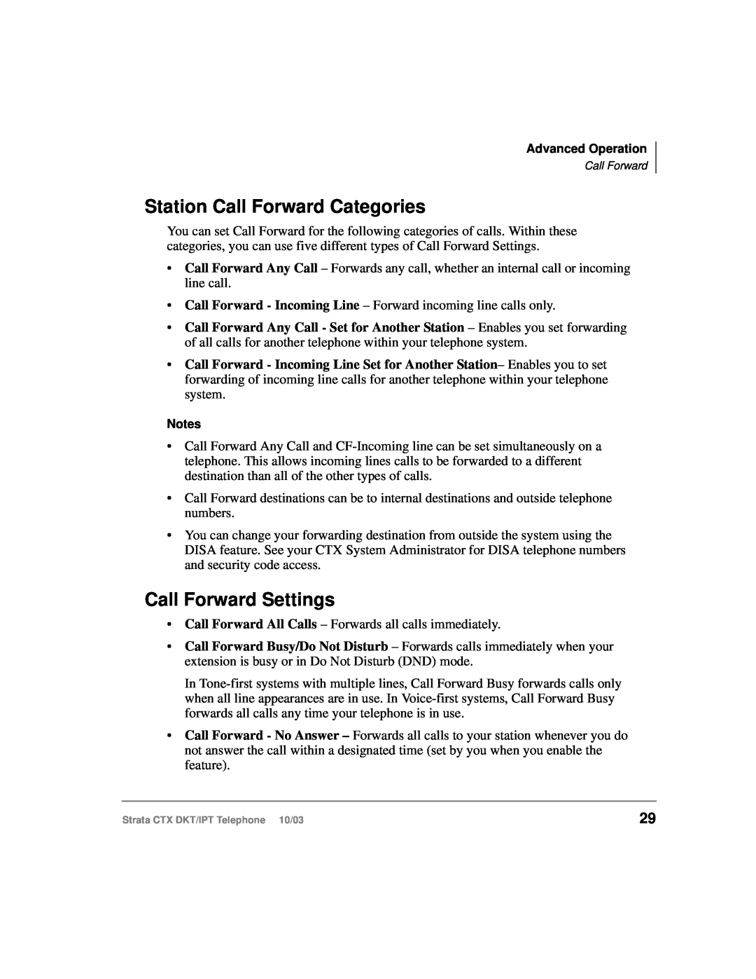 Toshiba DKT, IPT manual Station Call Forward Categories, Call Forward Settings 