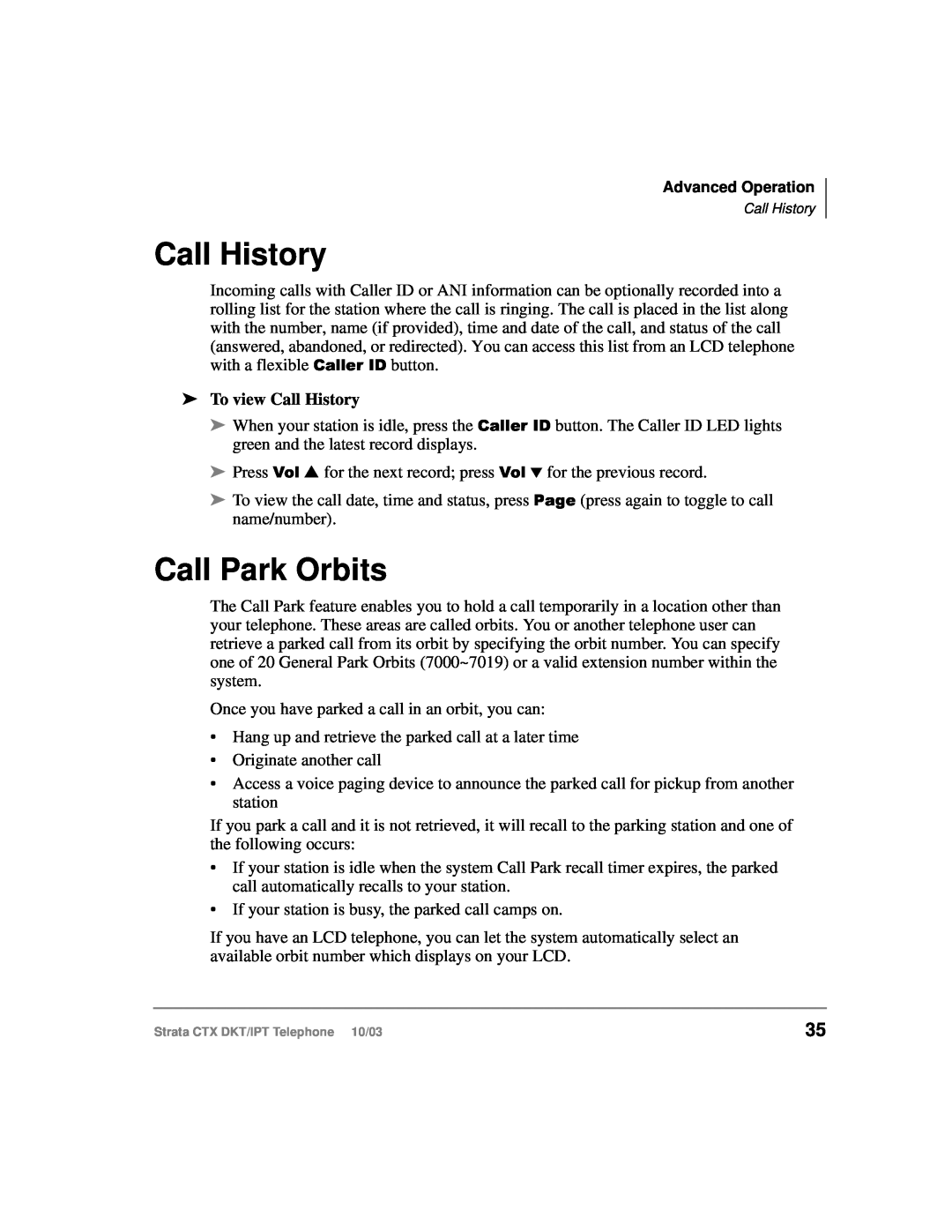 Toshiba DKT, IPT manual Call Park Orbits, To view Call History 