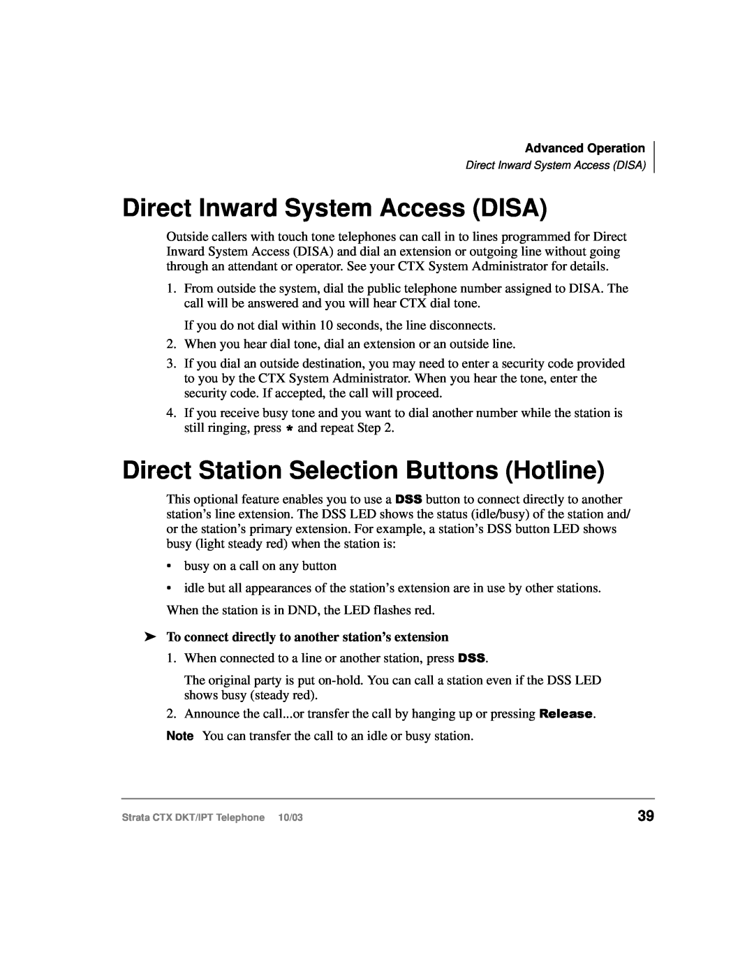 Toshiba DKT, IPT manual Direct Inward System Access DISA, Direct Station Selection Buttons Hotline 