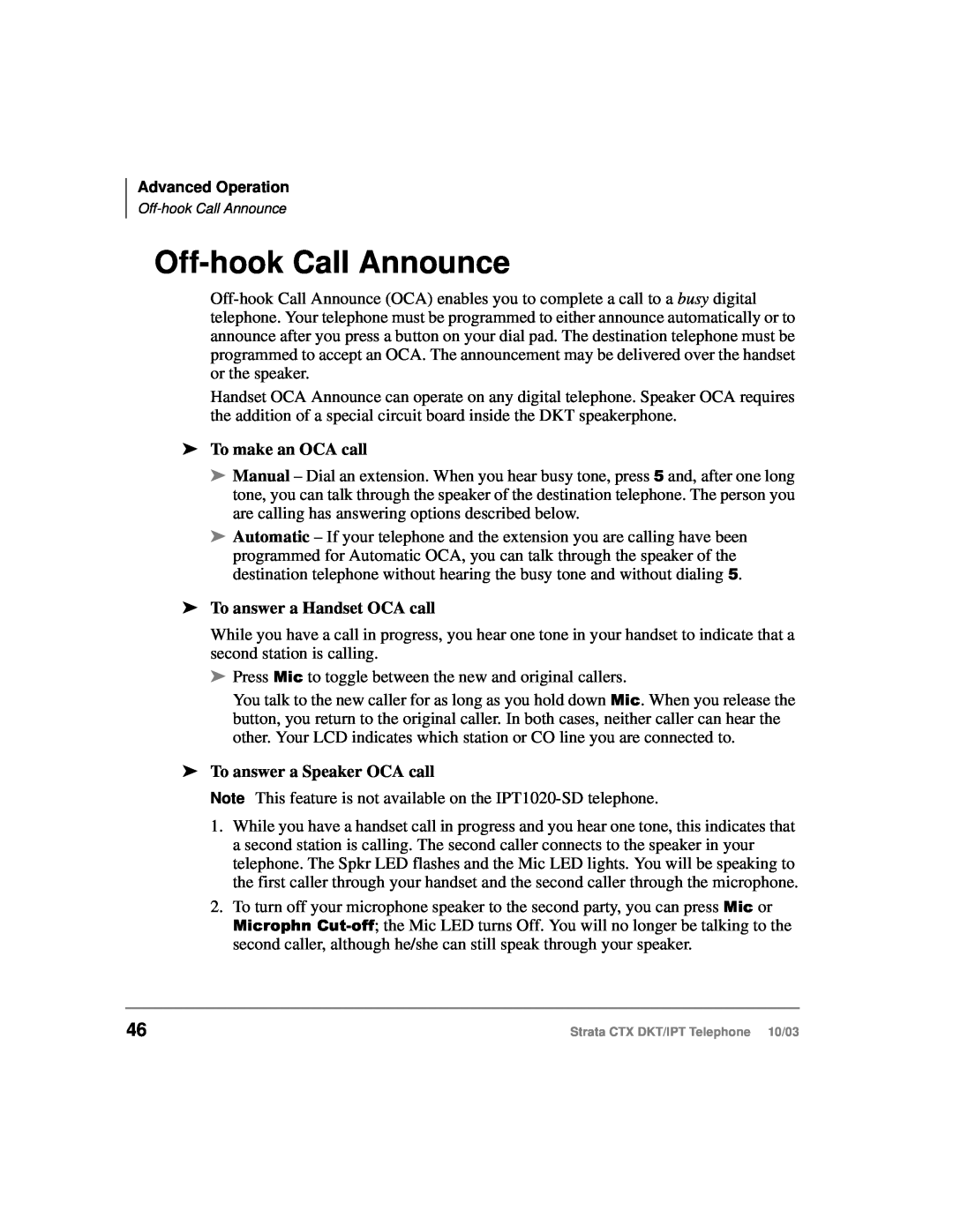 Toshiba IPT, DKT Off-hook Call Announce, To make an OCA call, To answer a Handset OCA call, To answer a Speaker OCA call 
