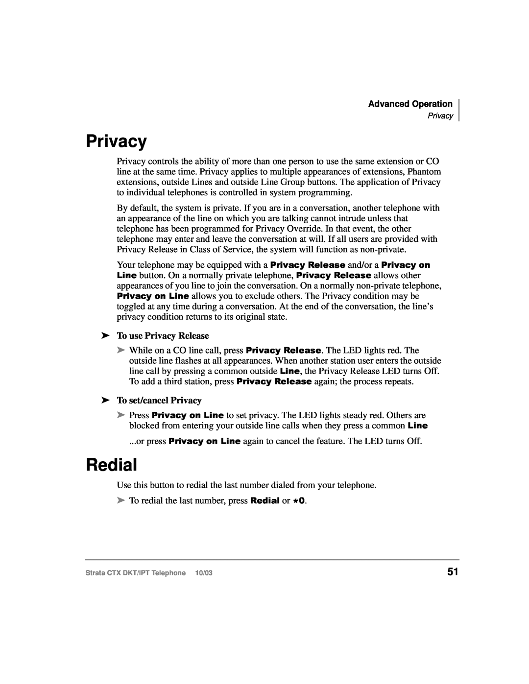 Toshiba DKT, IPT manual Redial, To use Privacy Release, To set/cancel Privacy 