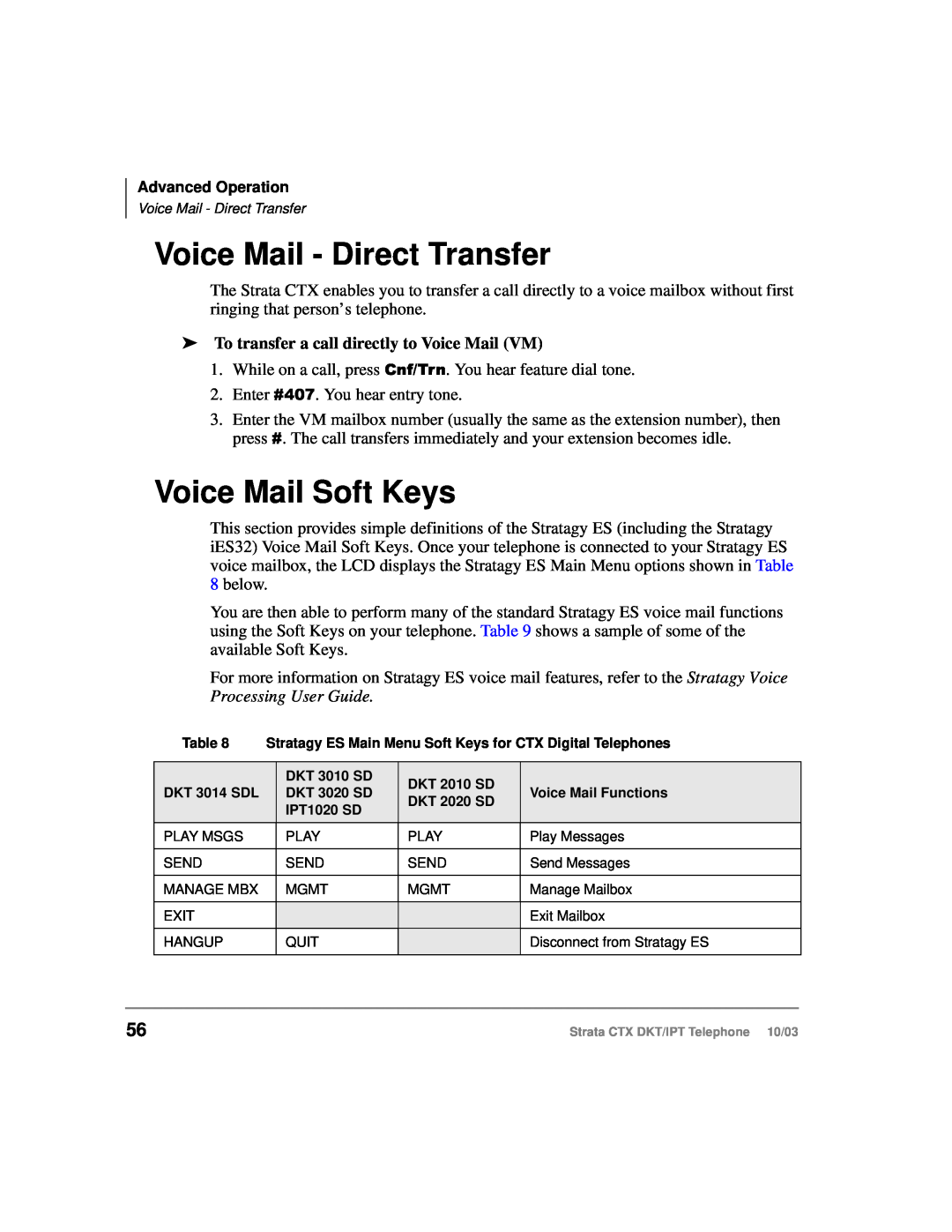 Toshiba IPT, DKT manual Voice Mail - Direct Transfer, Voice Mail Soft Keys, To transfer a call directly to Voice Mail VM 