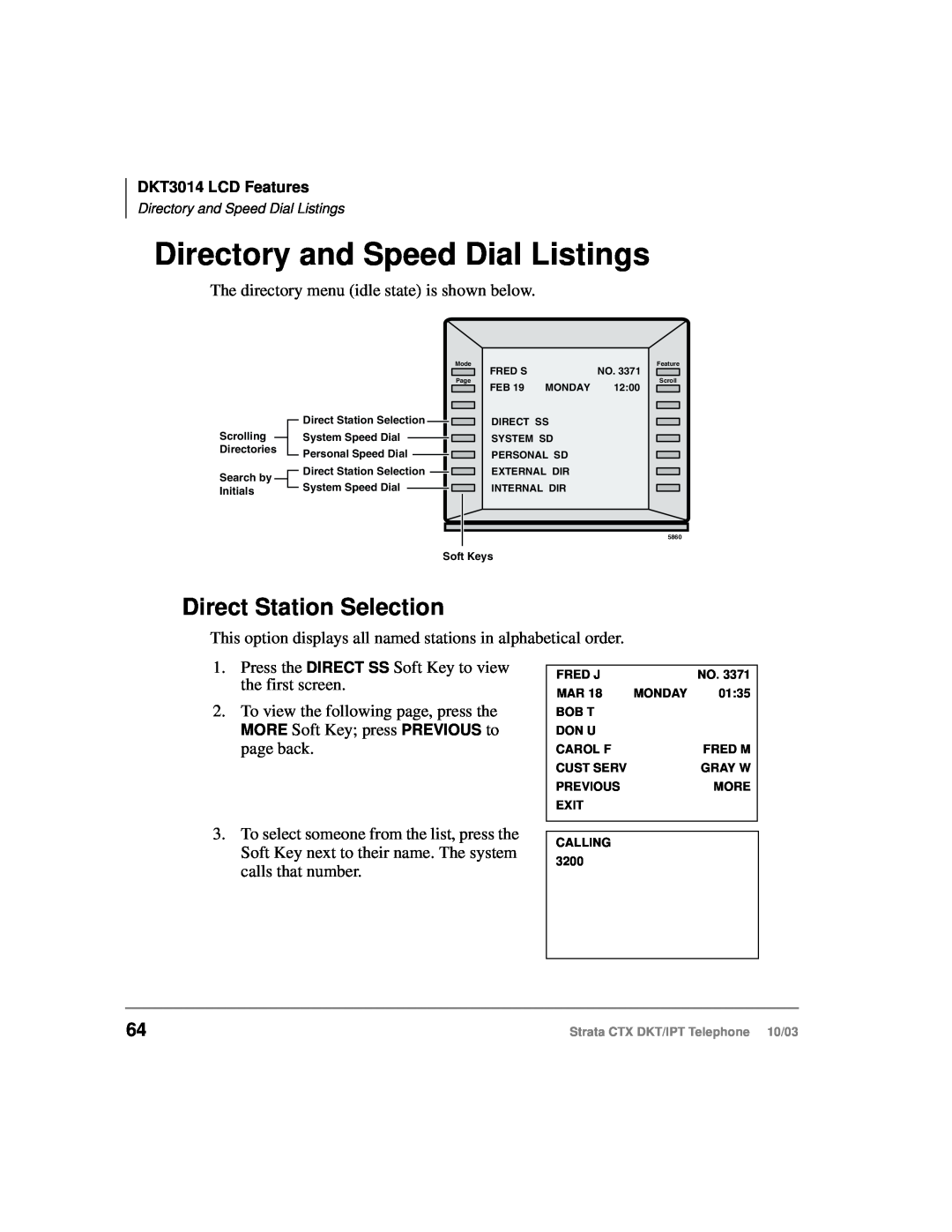 Toshiba IPT, DKT manual Directory and Speed Dial Listings, Direct Station Selection 