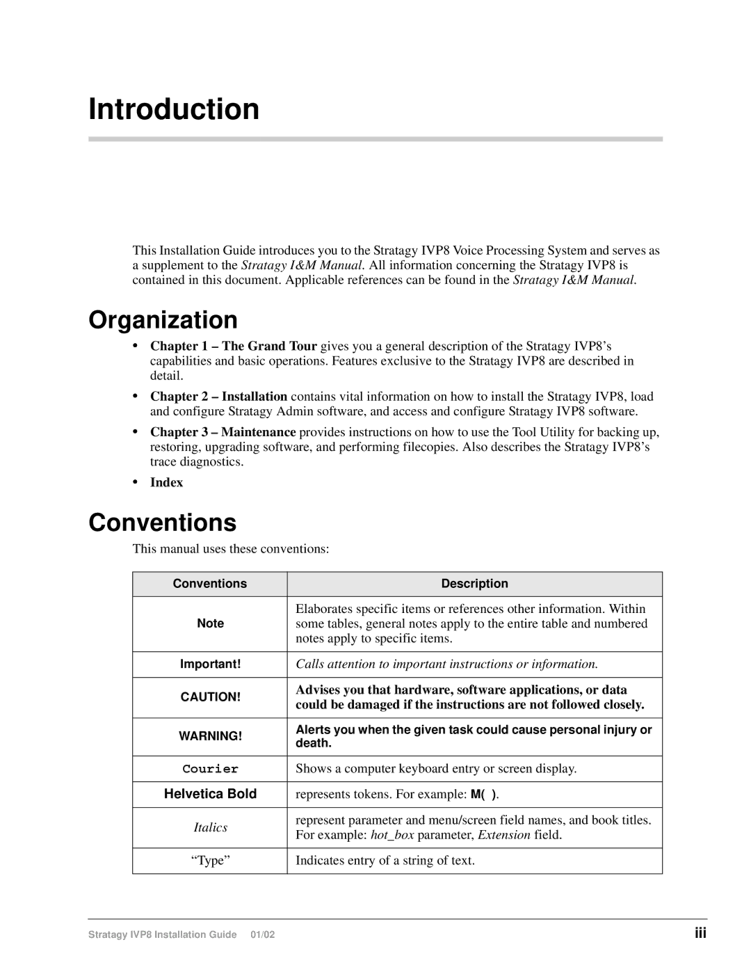 Toshiba IVP8 Introduction, Organization, Conventions, Index, Advises you that hardware, software applications, or data 