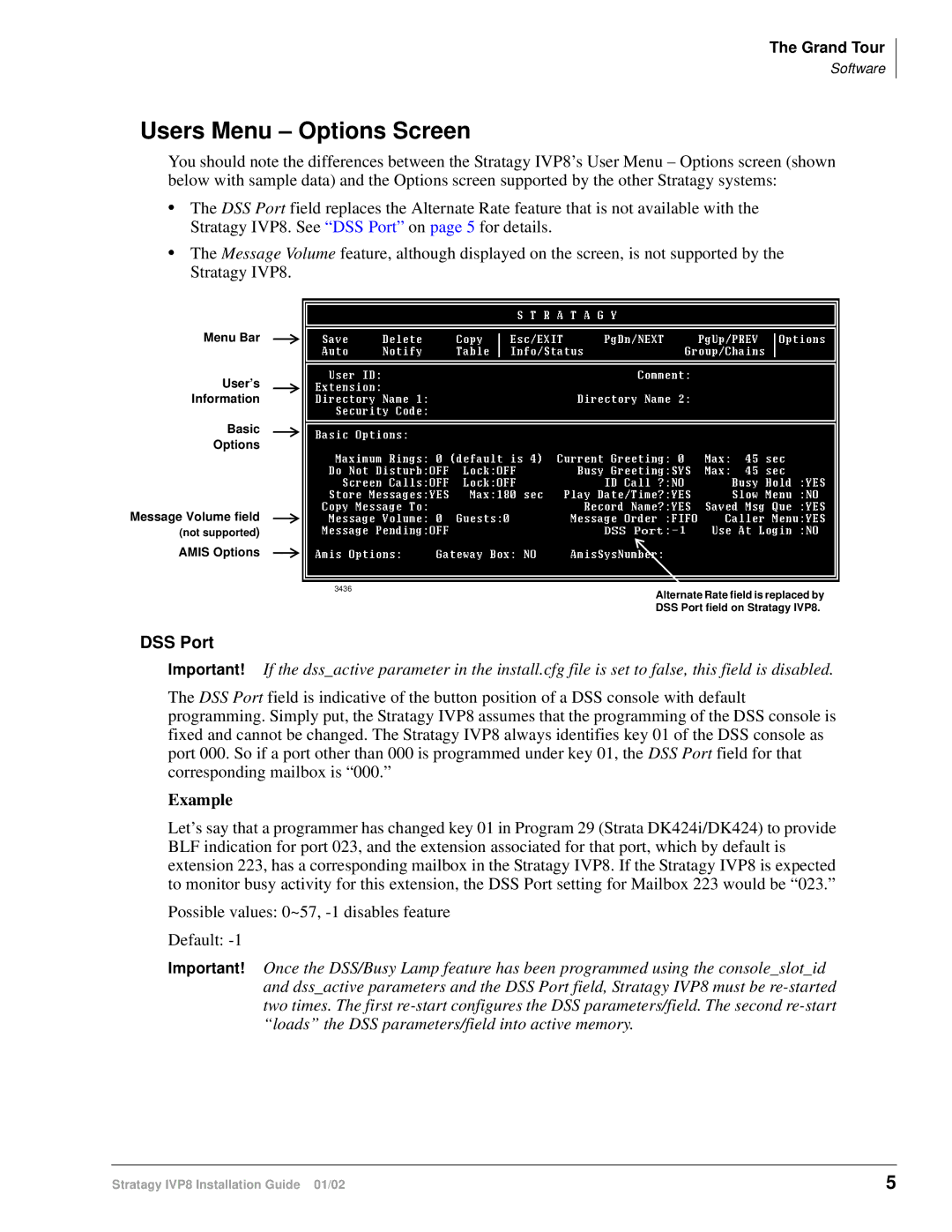 Toshiba IVP8 manual Users Menu Options Screen, DSS Port, Example 