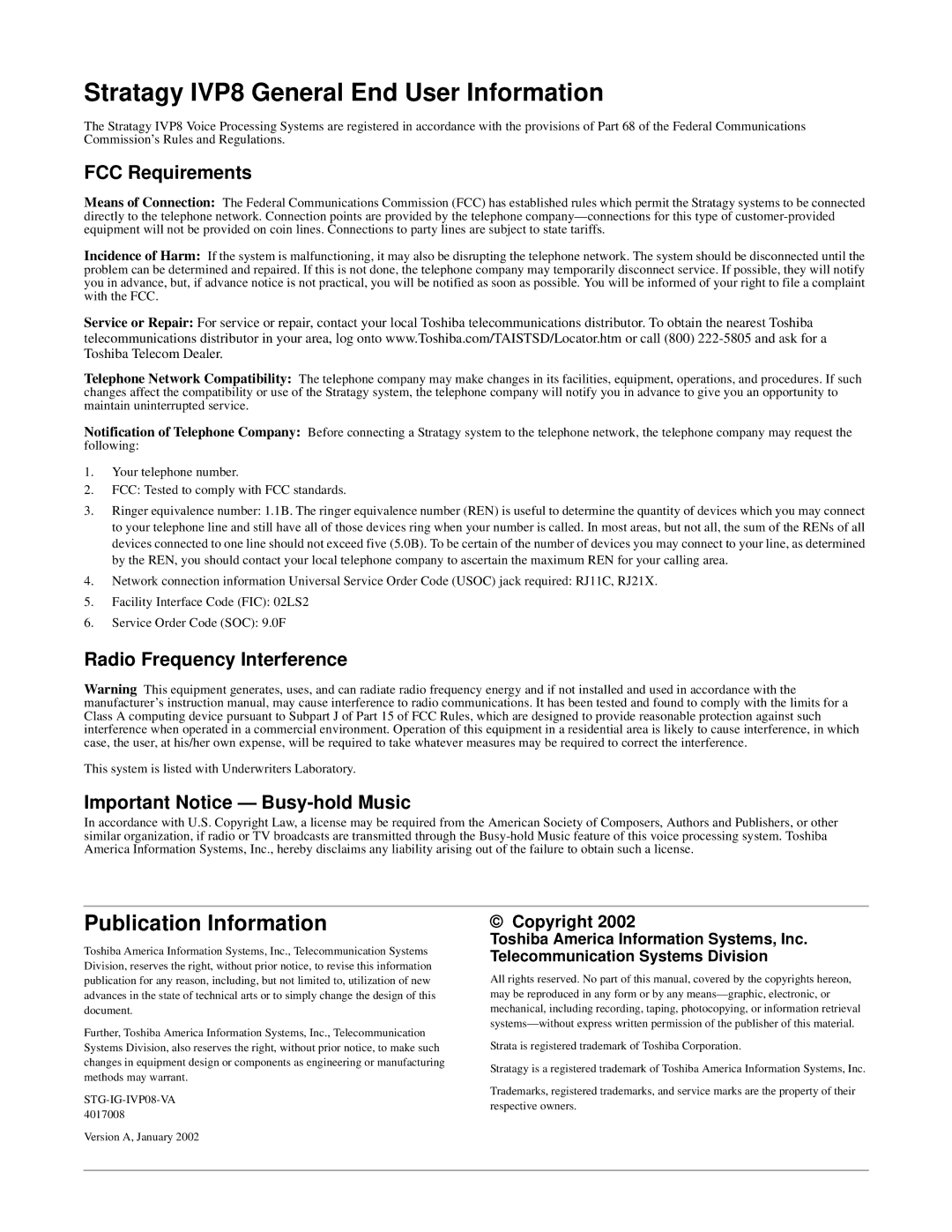 Toshiba manual Stratagy IVP8 General End User Information, Copyright 