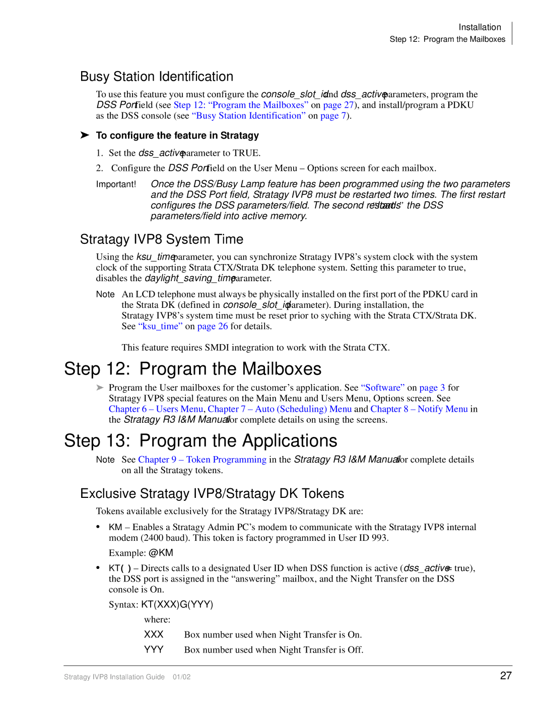 Toshiba manual Program the Mailboxes, Program the Applications, Stratagy IVP8 System Time 