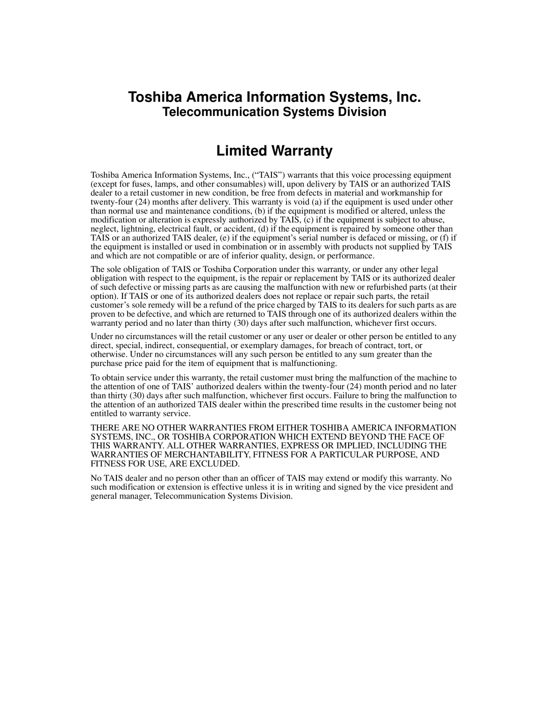 Toshiba IVP8 manual Toshiba America Information Systems, Inc 