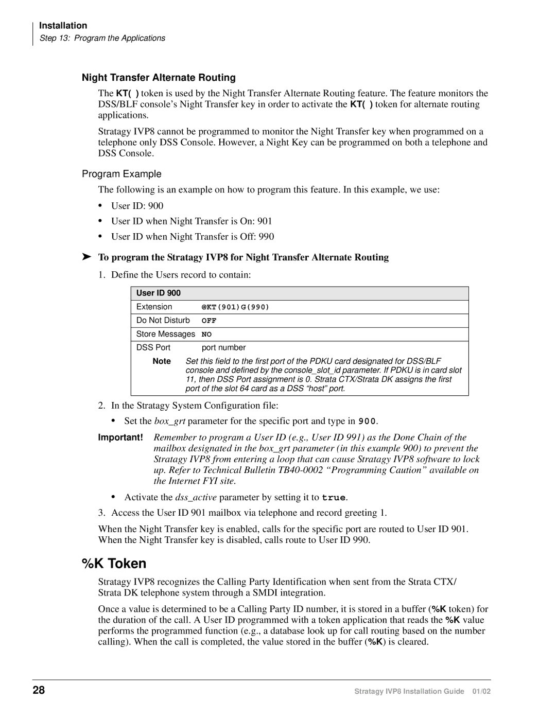 Toshiba IVP8 manual Token, Night Transfer Alternate Routing 