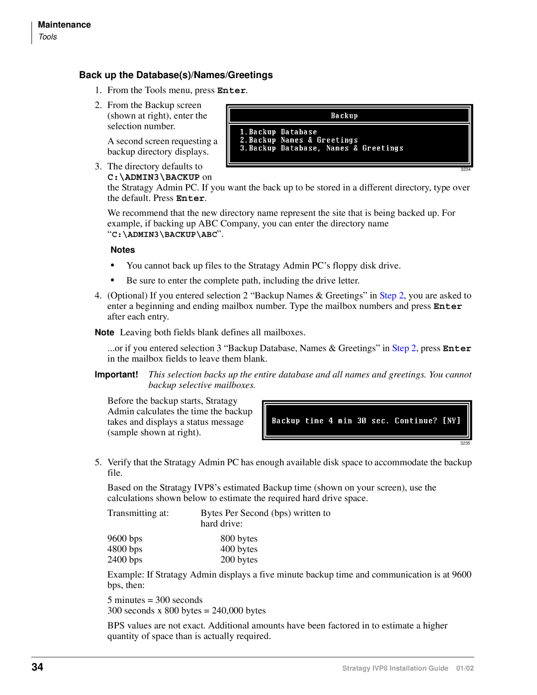 Toshiba IVP8 manual Back up the Databases/Names/Greetings, ADMIN3\BACKUP on 