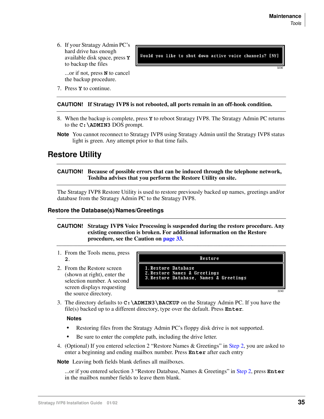 Toshiba IVP8 manual Restore Utility, Restore the Databases/Names/Greetings 