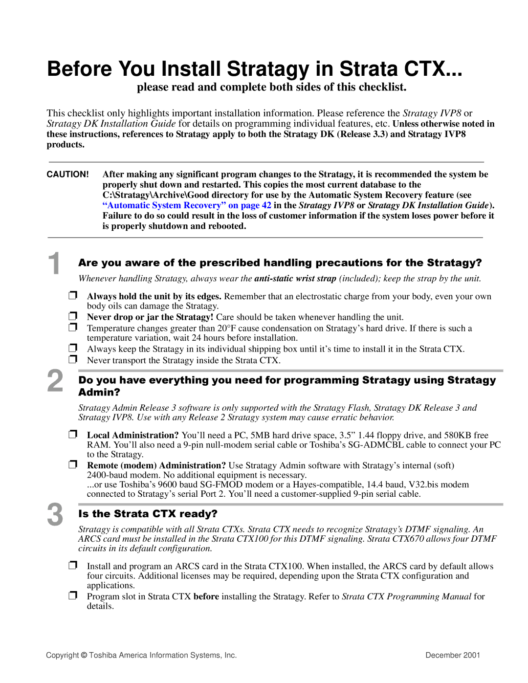 Toshiba IVP8 manual Before You Install Stratagy in Strata CTX, Please read and complete both sides of this checklist 