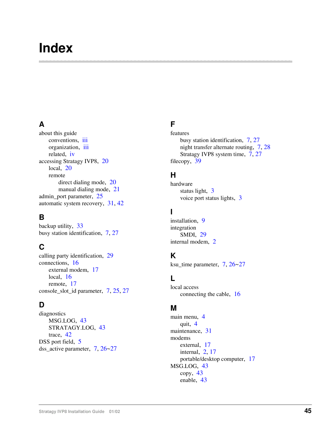 Toshiba IVP8 manual Index 