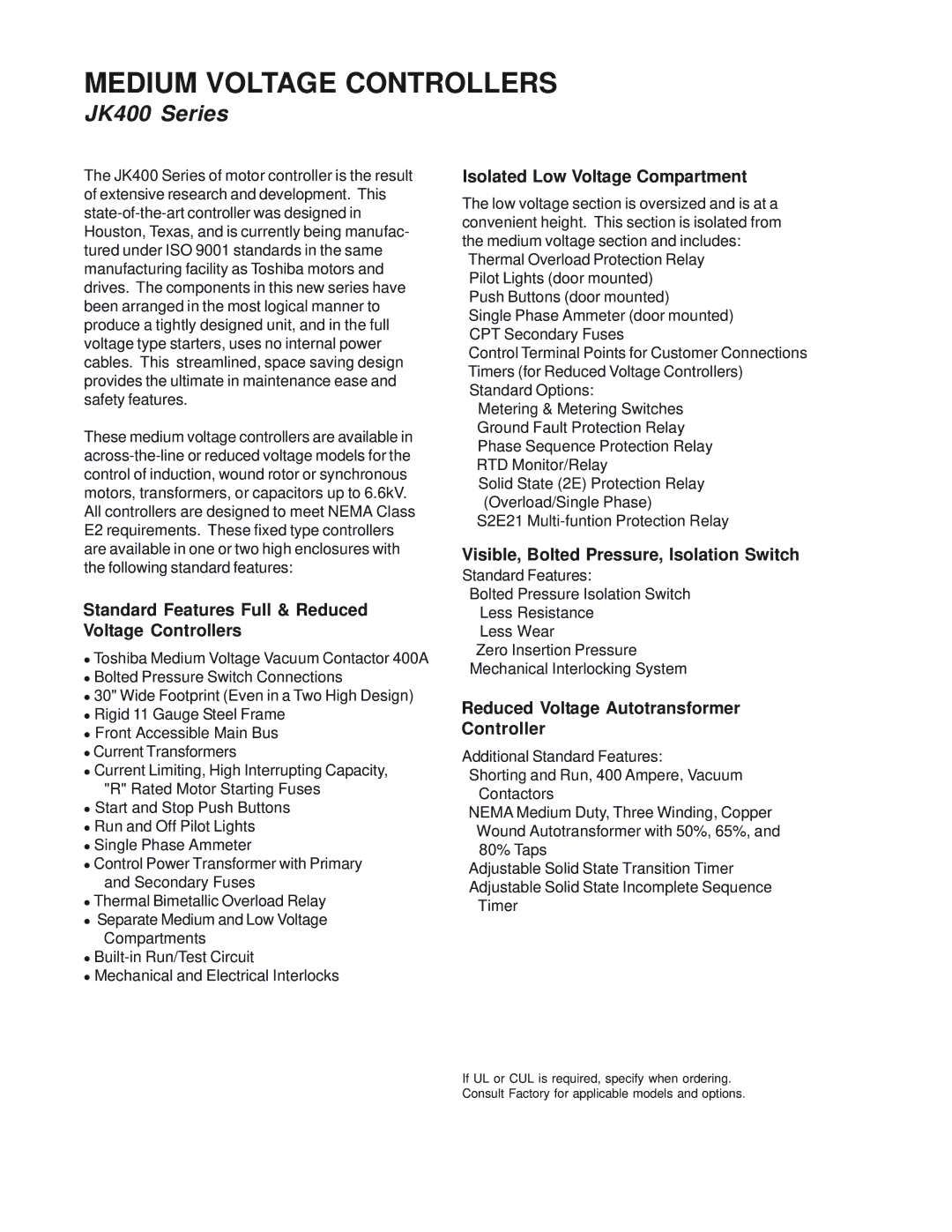 Toshiba JK Series manual Medium Voltage Controllers 