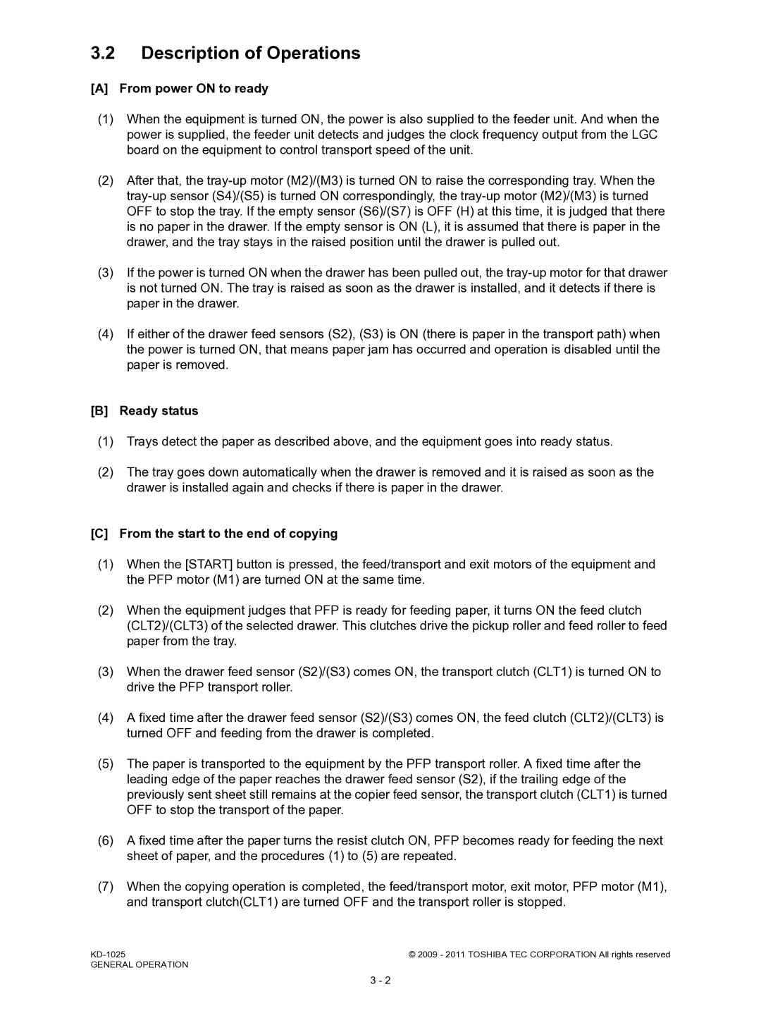 Toshiba KD-1025 Description of Operations, From power on to ready, Ready status, From the start to the end of copying 