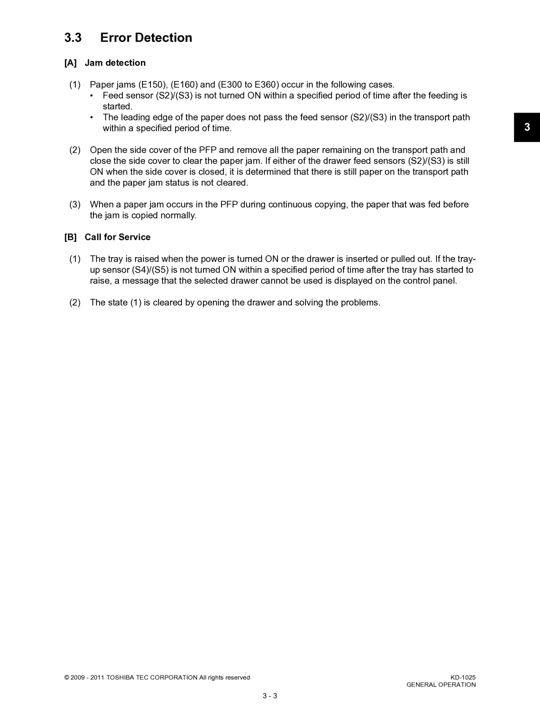 Toshiba KD-1025 manual Error Detection, Jam detection, Call for Service 