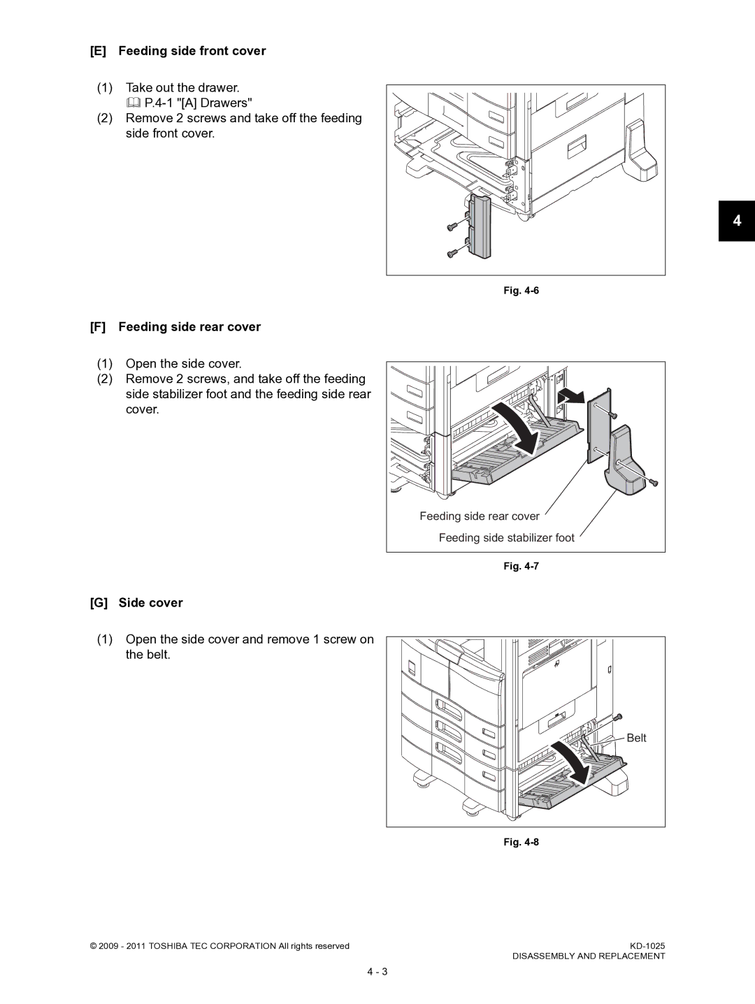 Toshiba KD-1025 manual Feeding side front cover, Feeding side rear cover, Side cover 