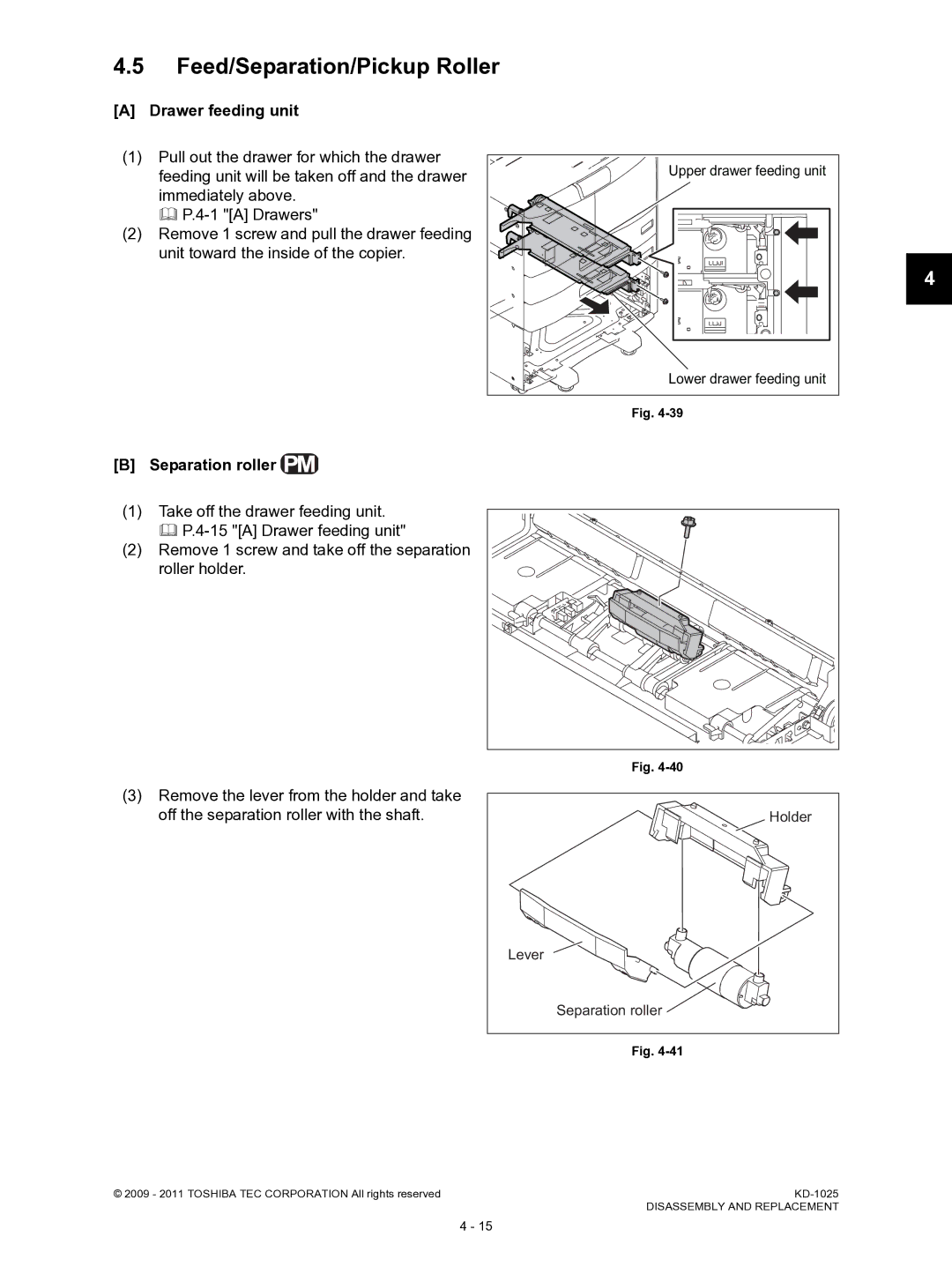 Toshiba KD-1025 manual Feed/Separation/Pickup Roller, Drawer feeding unit, Separation roller 