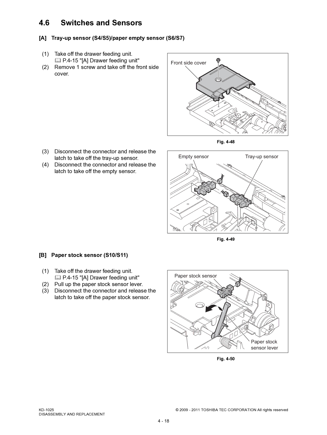 Toshiba KD-1025 manual Switches and Sensors, Tray-up sensor S4/S5/paper empty sensor S6/S7, Paper stock sensor S10/S11 