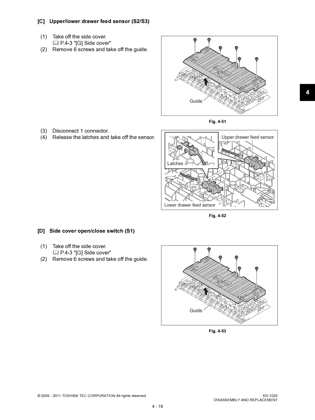 Toshiba KD-1025 manual Upper/lower drawer feed sensor S2/S3, Side cover open/close switch S1 