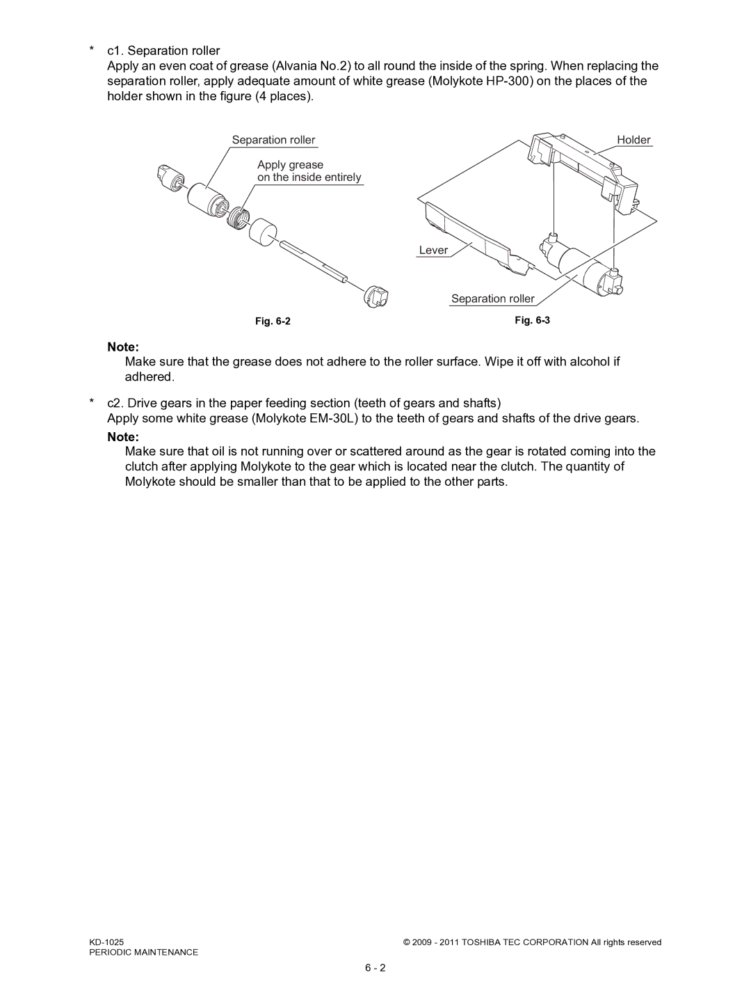 Toshiba KD-1025 manual Apply grease On the inside entirely Lever Separation roller 