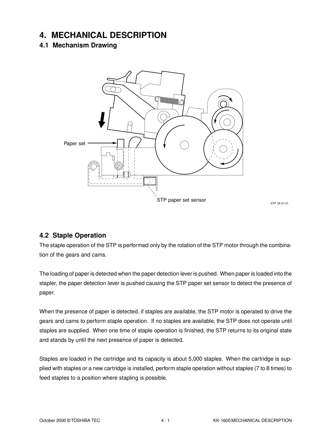 Toshiba KK-1600 manual Mechanical Description, Mechanism Drawing, Staple Operation 