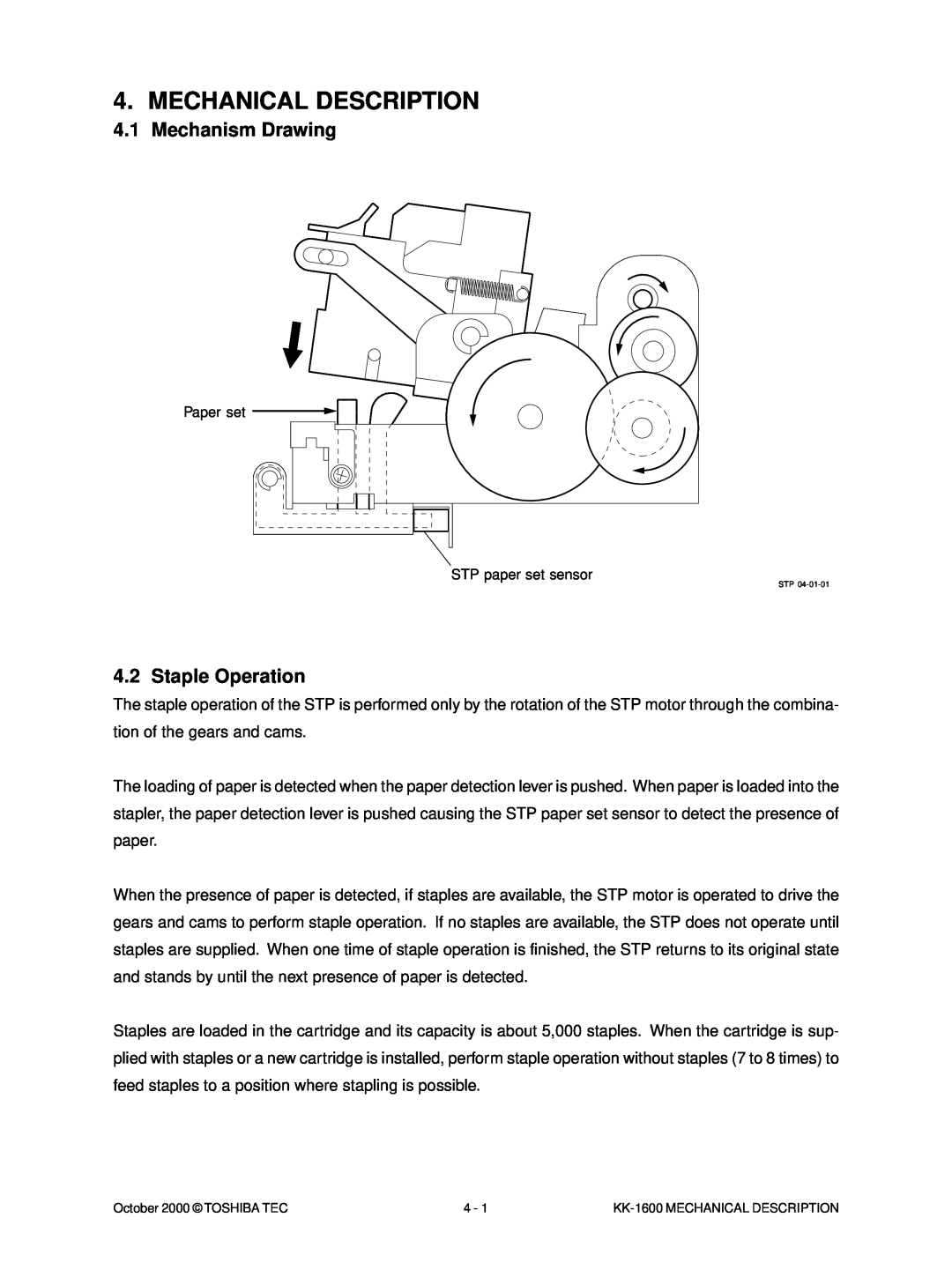 Toshiba KK-1600 manual Mechanical Description, Mechanism Drawing, Staple Operation 