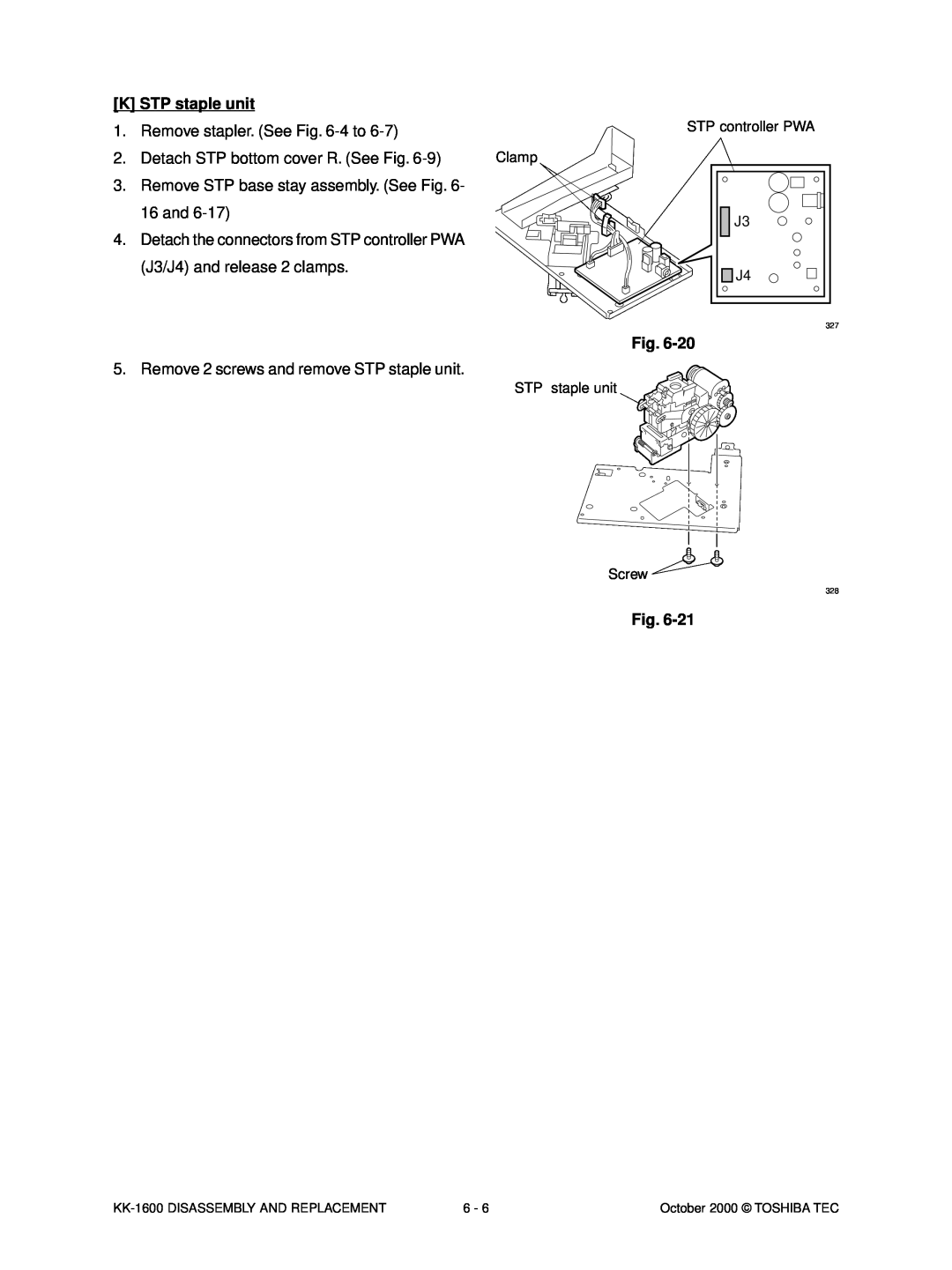 Toshiba KK-1600 manual K STP staple unit, Remove stapler. See -4 to, Detach STP bottom cover R. See Fig, Clamp 