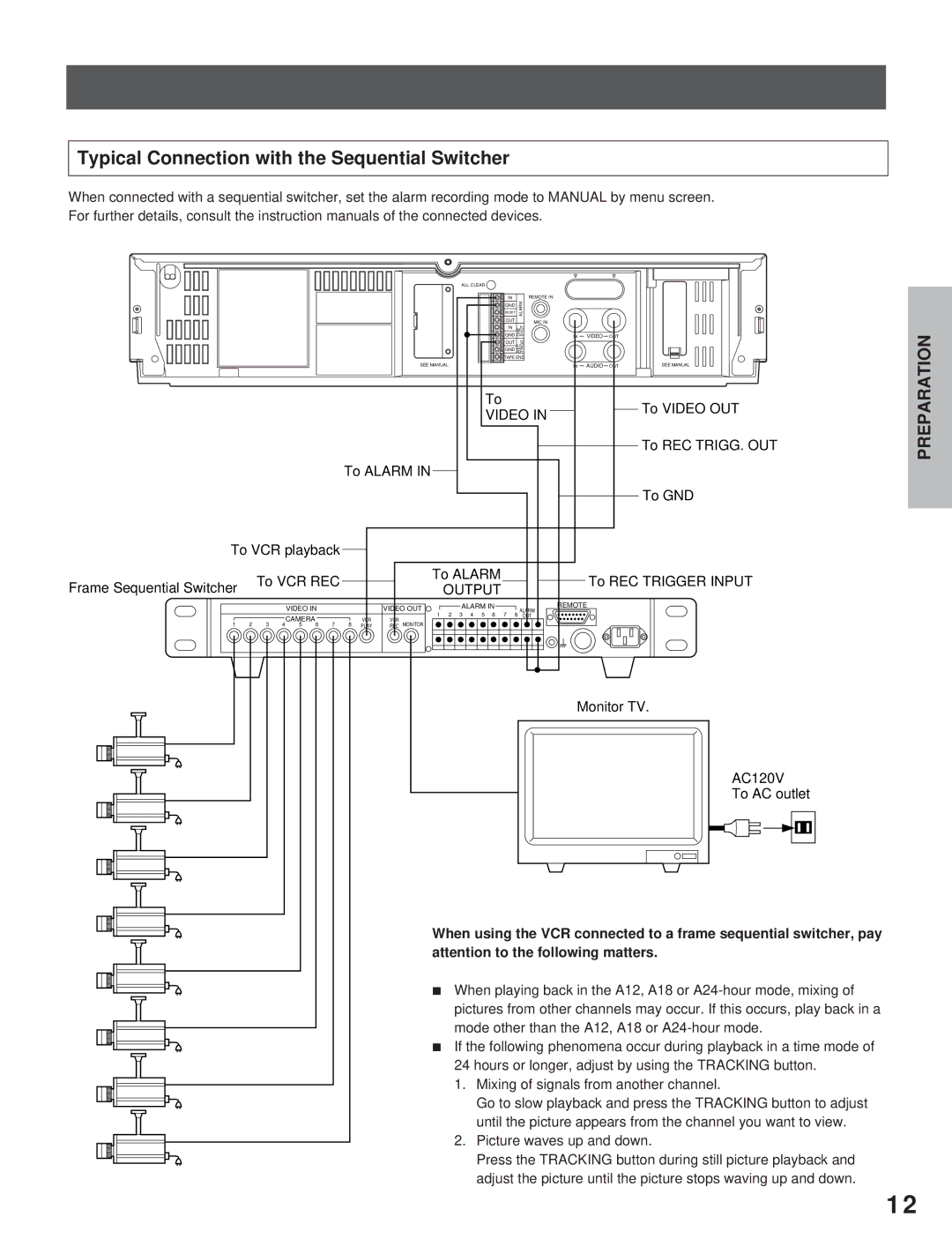 Toshiba KV-7960A Typical Connection with the Sequential Switcher, Video, To REC TRIGG. OUT, Output, AC120V 