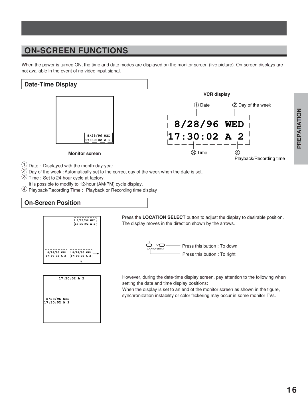 Toshiba KV-7960A instruction manual ON-SCREEN Functions, Date-Time Display, Monitor screen VCR display, On-Screen Position 