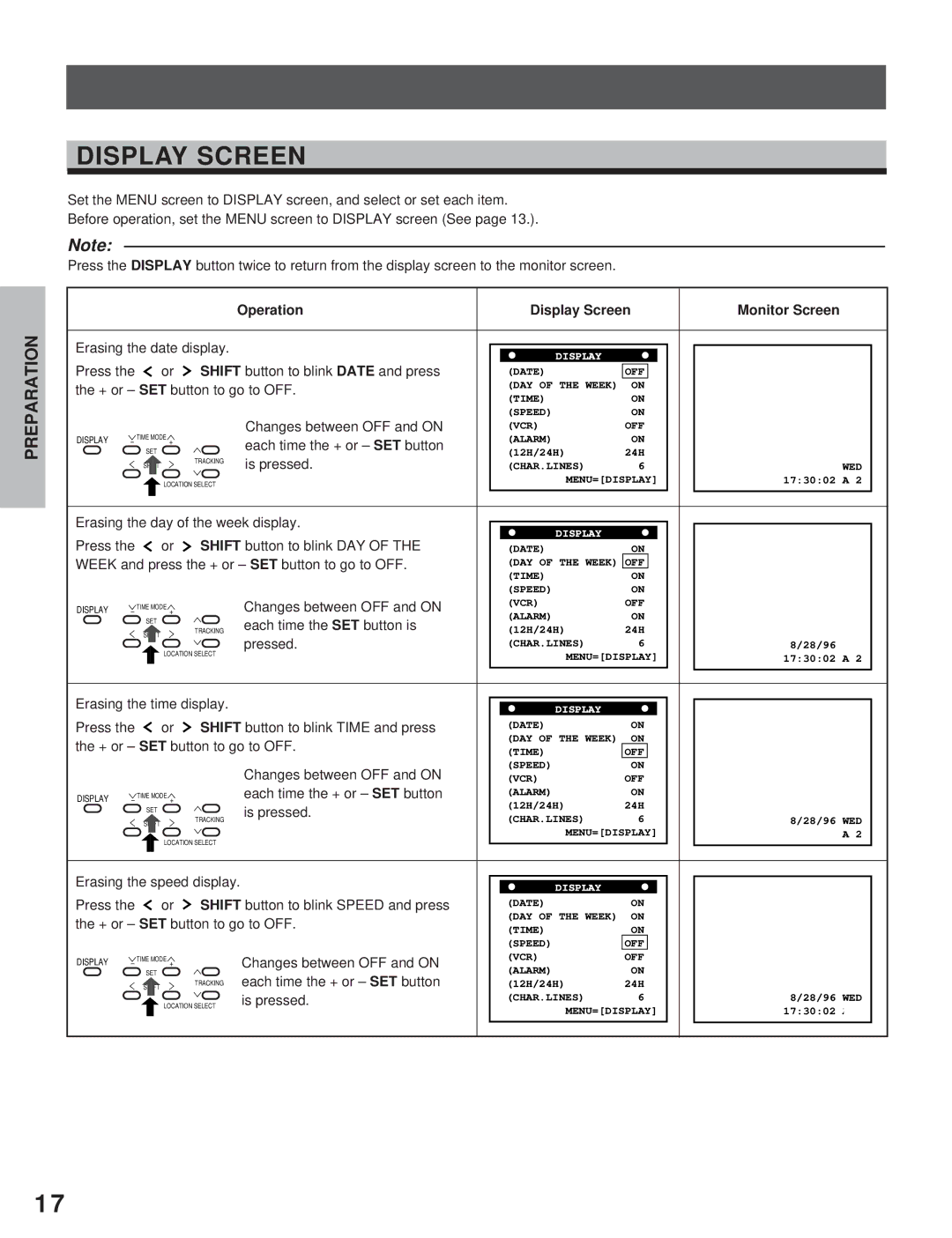 Toshiba KV-7960A instruction manual Display Screen 