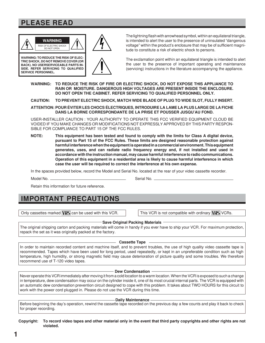 Toshiba KV-7960A instruction manual Please Read, Important Precautions 