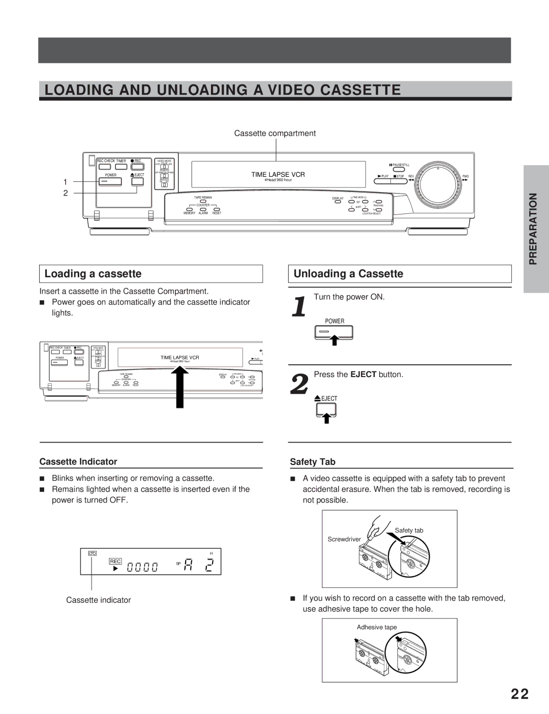 Toshiba KV-7960A instruction manual Loading and Unloading a Video Cassette, Loading a cassette, Unloading a Cassette 