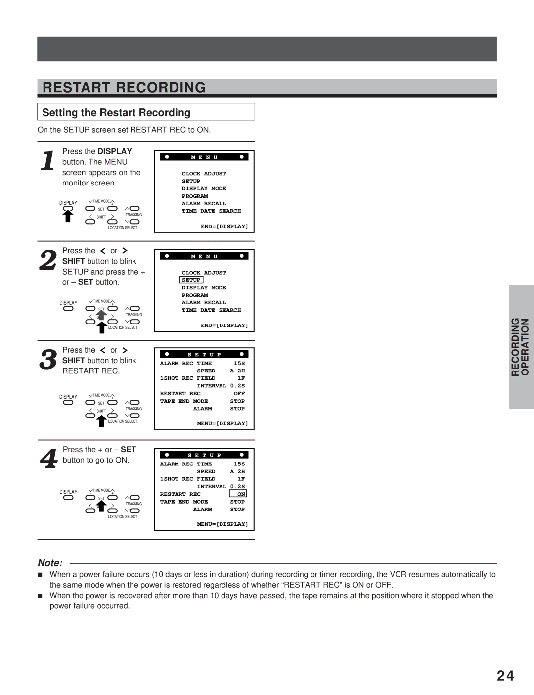 Toshiba KV-7960A instruction manual Setting the Restart Recording, Restart REC 