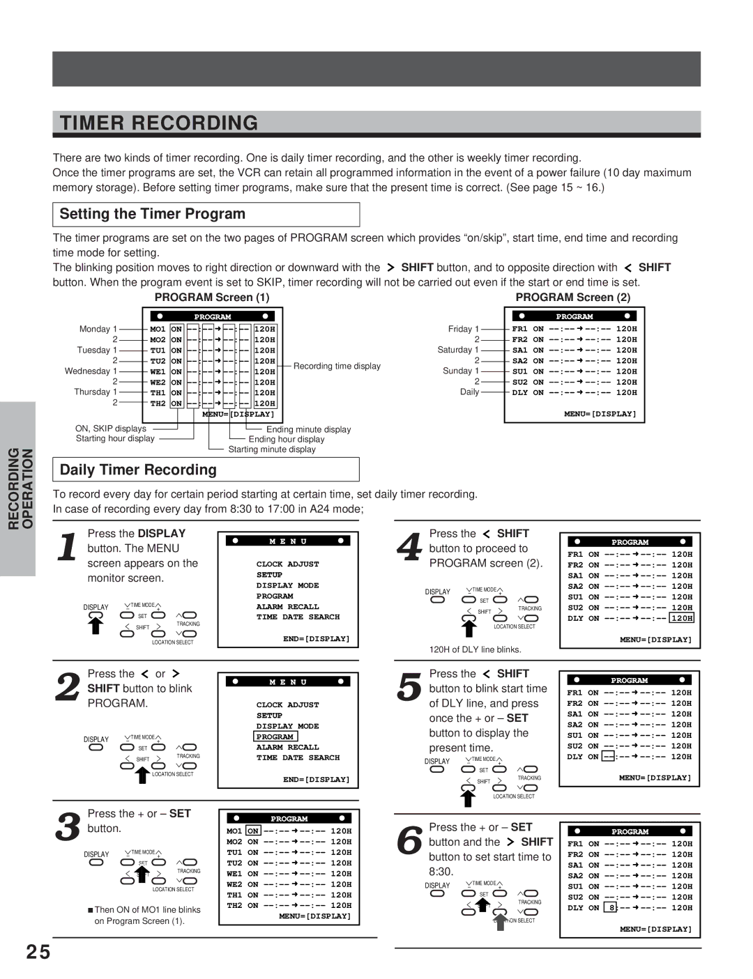 Toshiba KV-7960A instruction manual Setting the Timer Program, Daily Timer Recording, Program Screen 