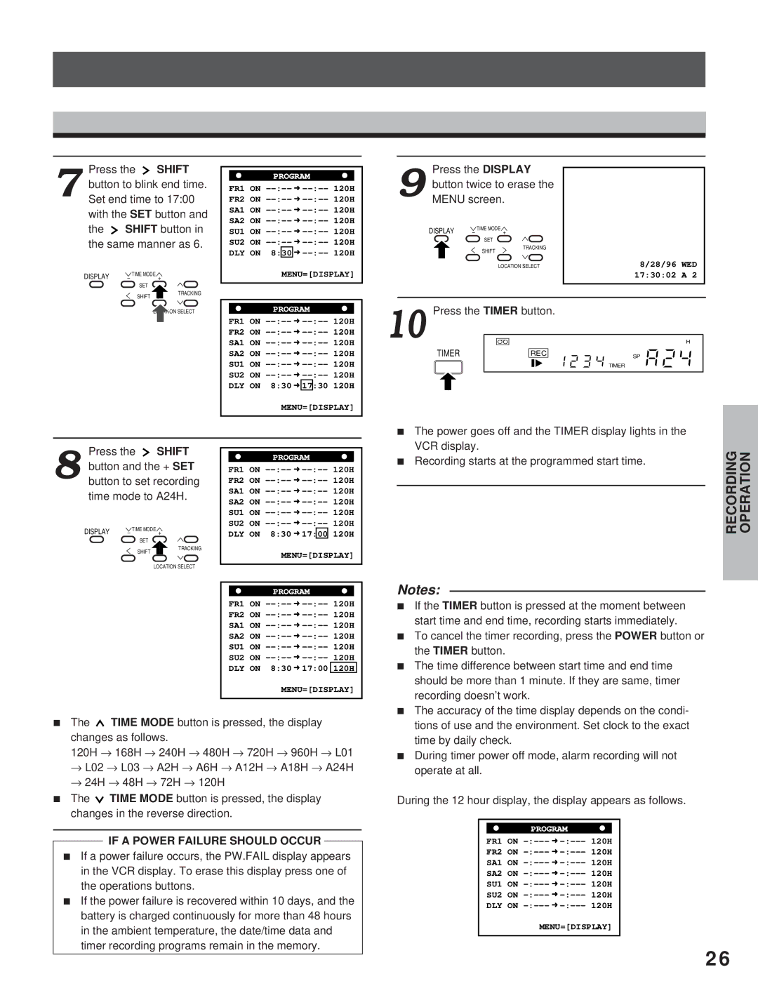 Toshiba KV-7960A instruction manual Button twice to erase, Menu screen, Press the Shift, Press the Timer button 