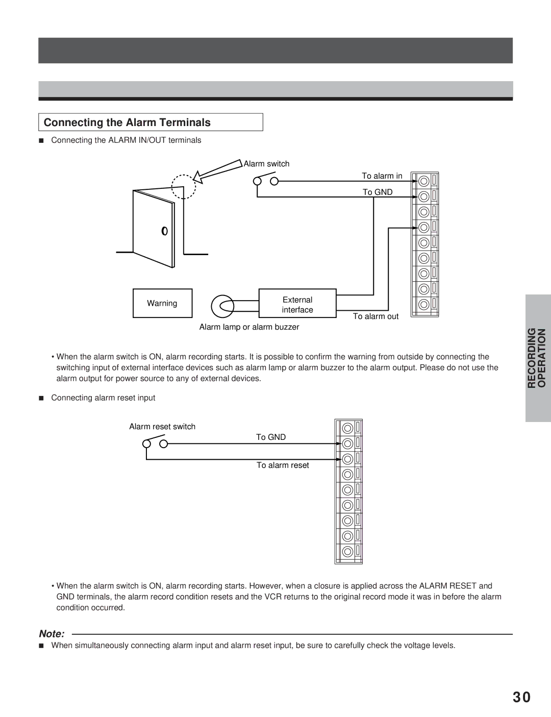 Toshiba KV-7960A instruction manual Connecting the Alarm Terminals 