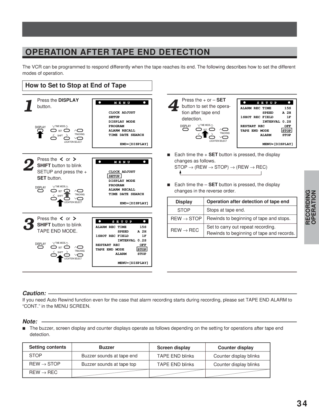 Toshiba KV-7960A Operation After Tape END Detection, How to Set to Stop at End of Tape, Stops at tape end 