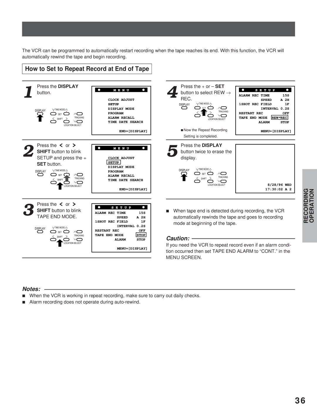 Toshiba KV-7960A instruction manual How to Set to Repeat Record at End of Tape, ButtonREC. to select REW → 