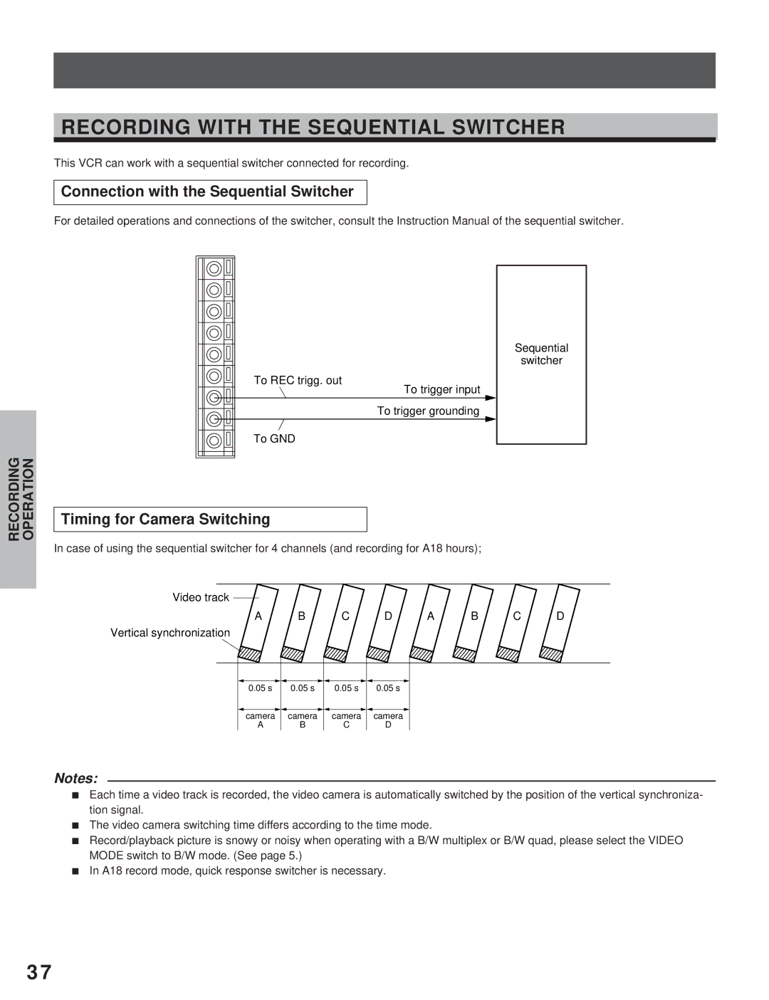 Toshiba KV-7960A Recording with the Sequential Switcher, Connection with the Sequential Switcher, C D a B C D 