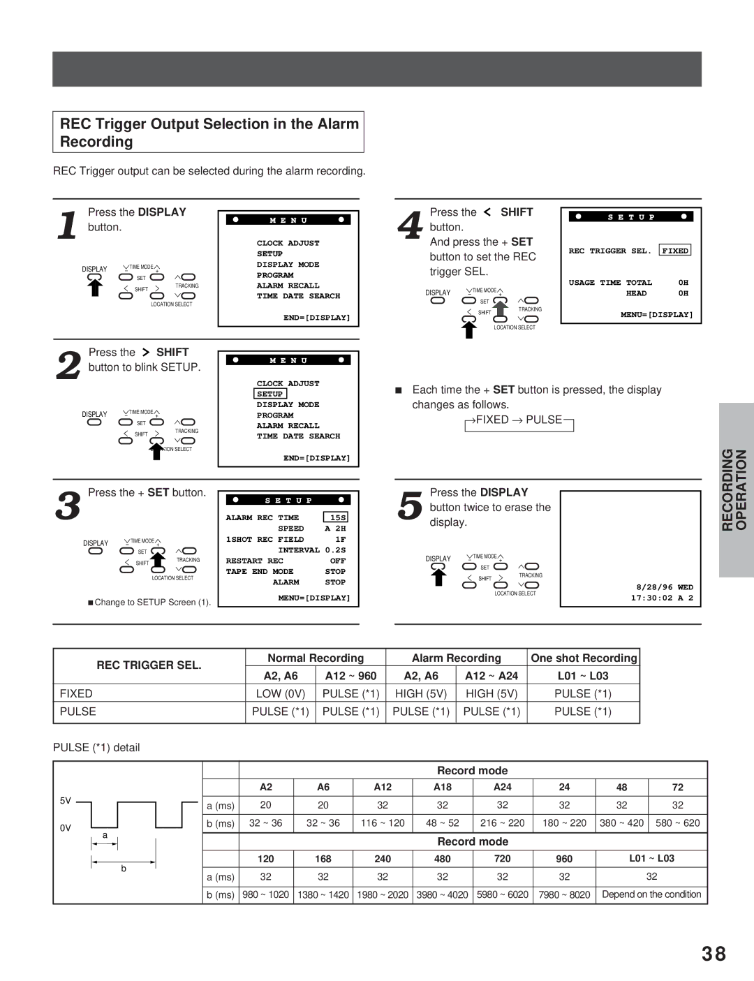 Toshiba KV-7960A REC Trigger Output Selection in the Alarm Recording, Button to set the REC, Trigger SEL, Low, Record mode 