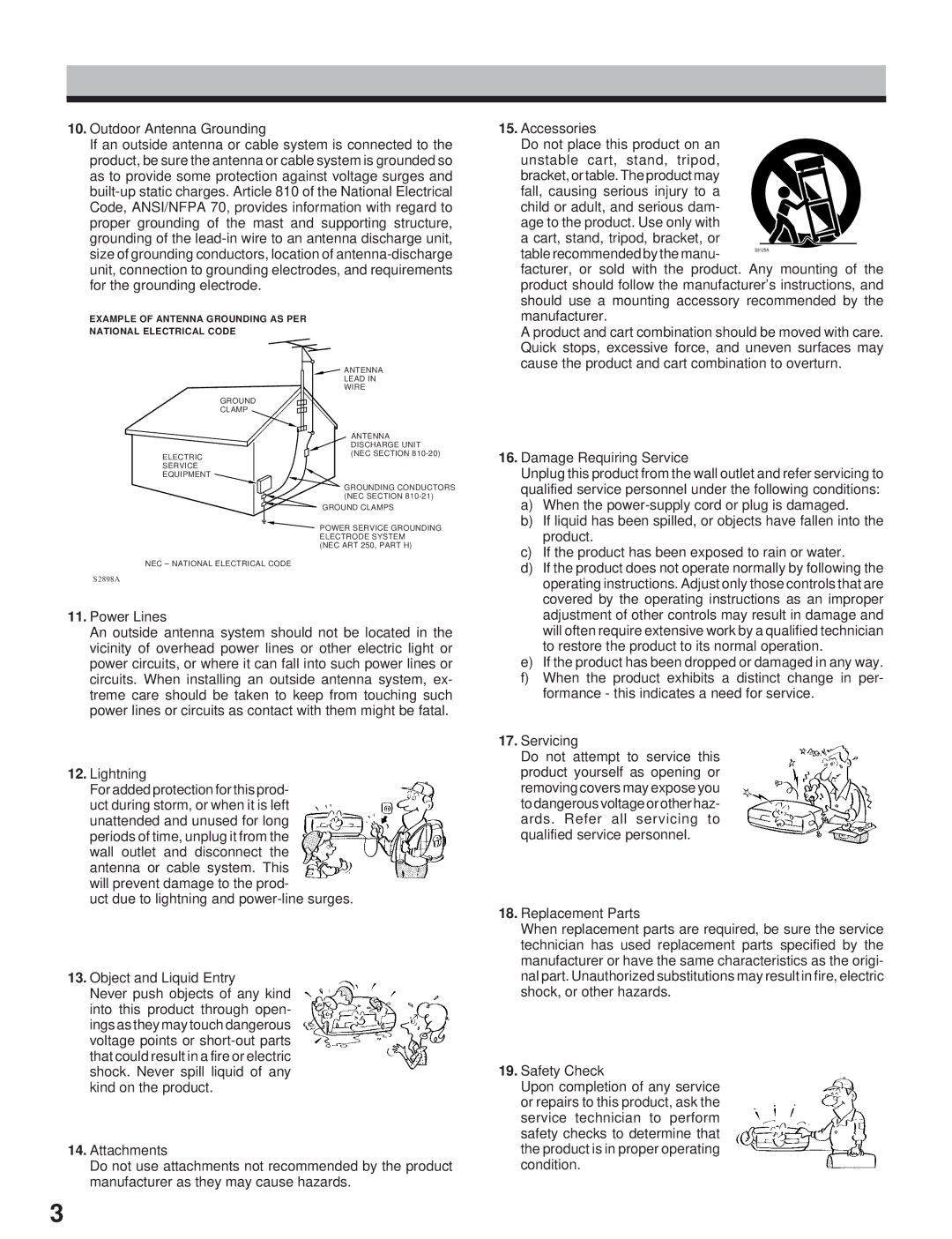 Toshiba KV-7960A Outdoor Antenna Grounding, Accessories, Table recommended by the manu, Power Lines, Lightning, Product 