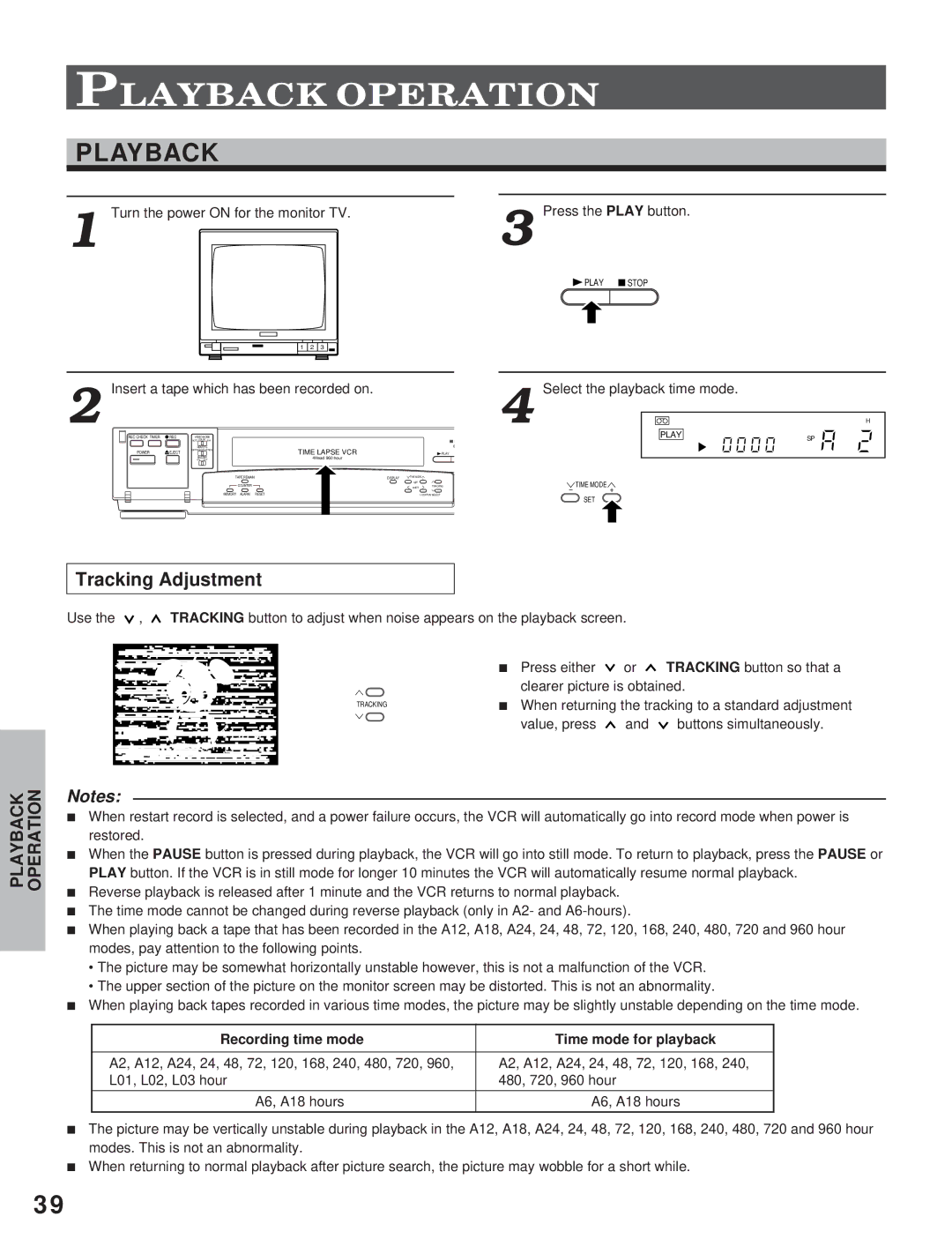 Toshiba KV-7960A instruction manual Playback, Tracking Adjustment, Recording time mode Time mode for playback 