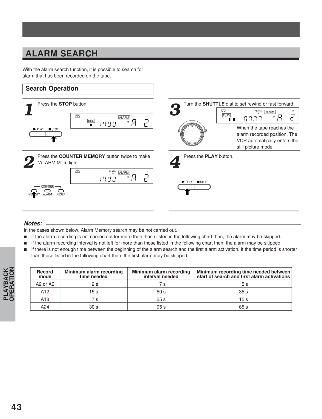 Toshiba KV-7960A instruction manual Alarm Search, Still picture mode Press the Play button 