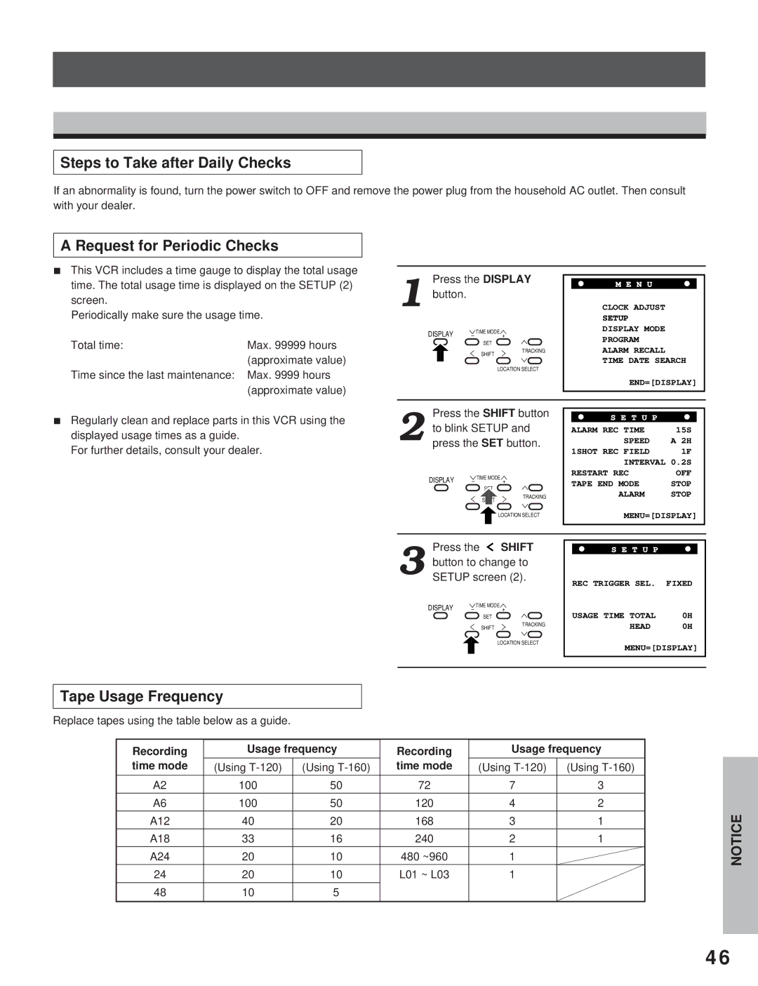 Toshiba KV-7960A instruction manual Steps to Take after Daily Checks, Request for Periodic Checks, Tape Usage Frequency 