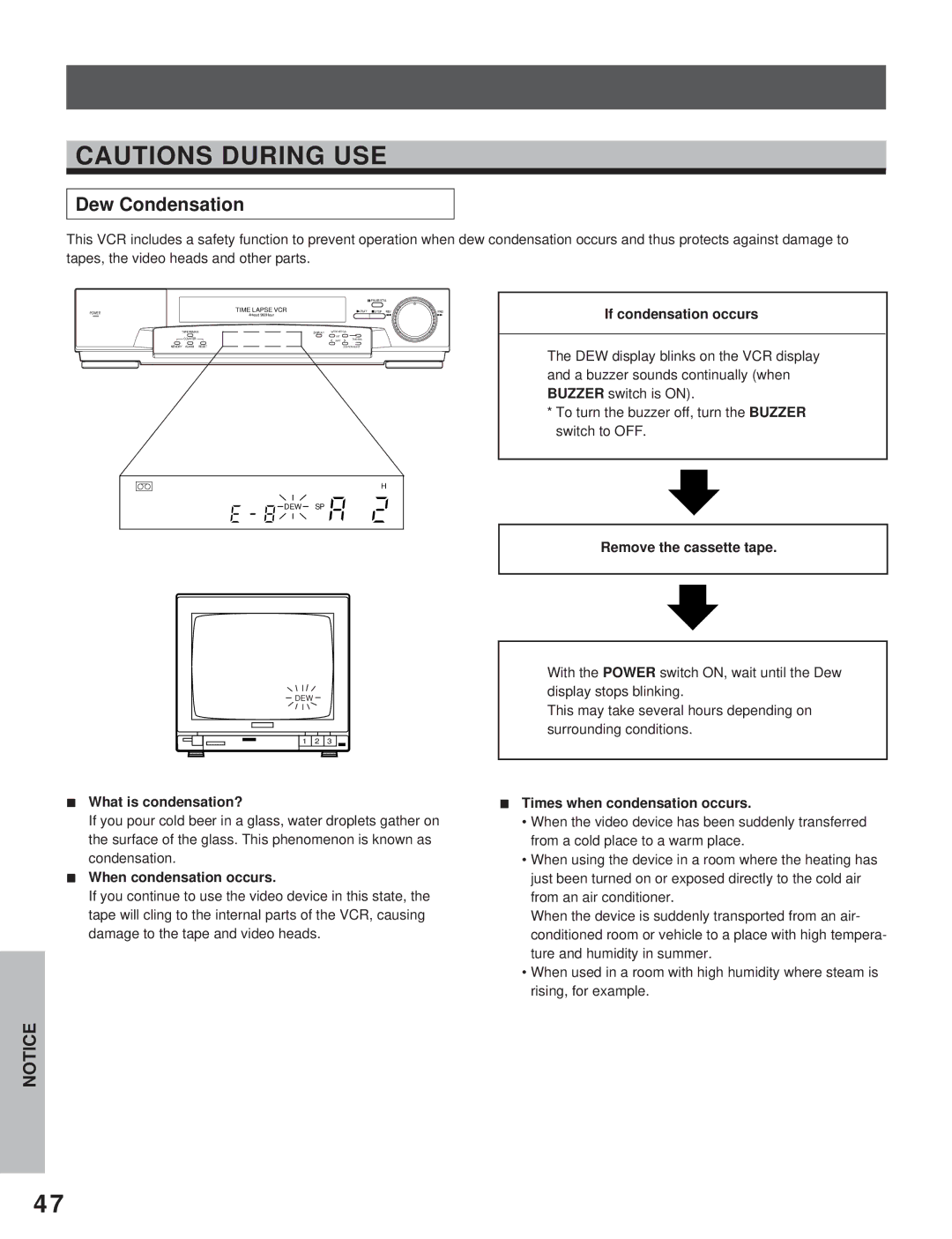 Toshiba KV-7960A instruction manual Dew Condensation 