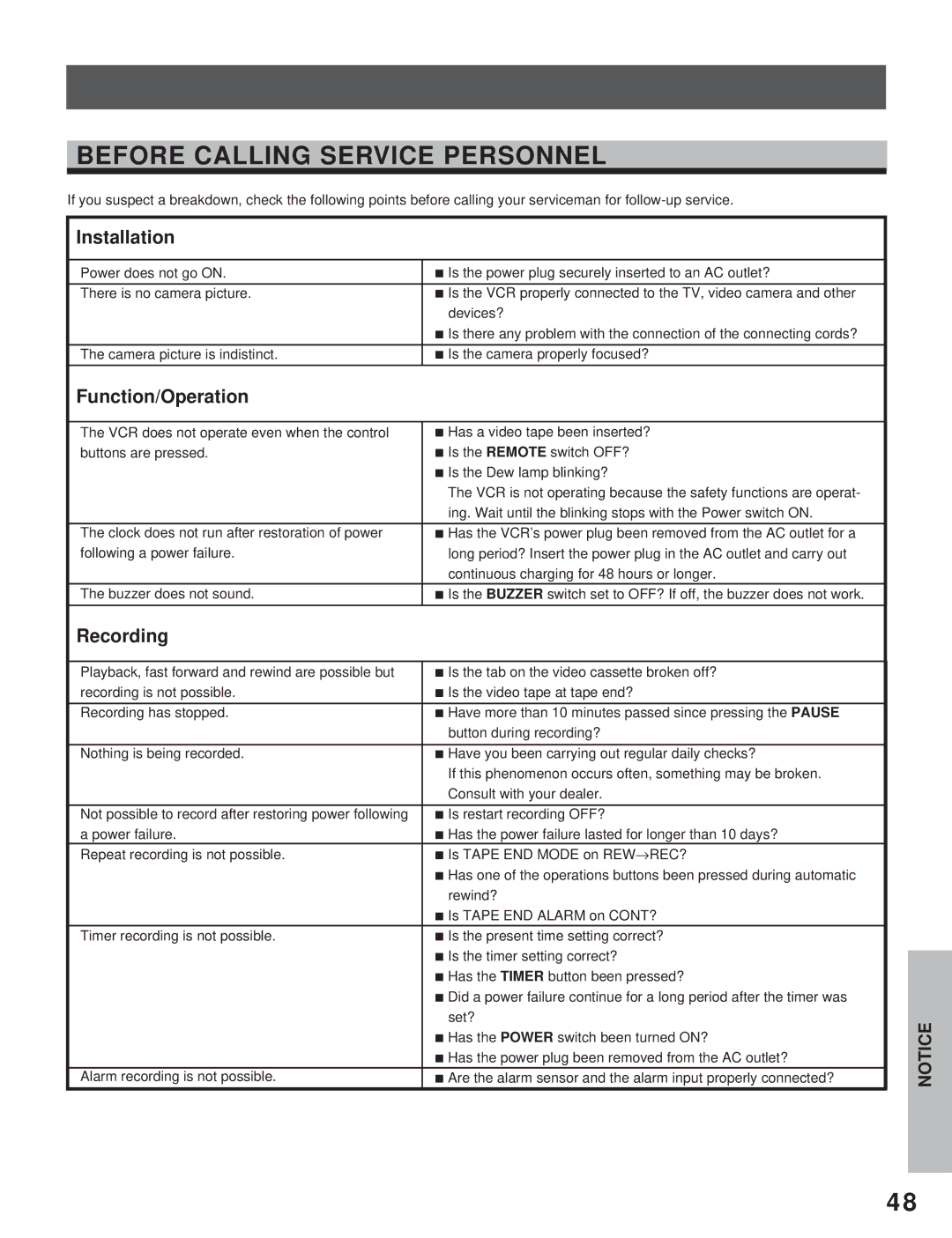 Toshiba KV-7960A instruction manual Before Calling Service Personnel, Installation, Function/Operation, Recording 